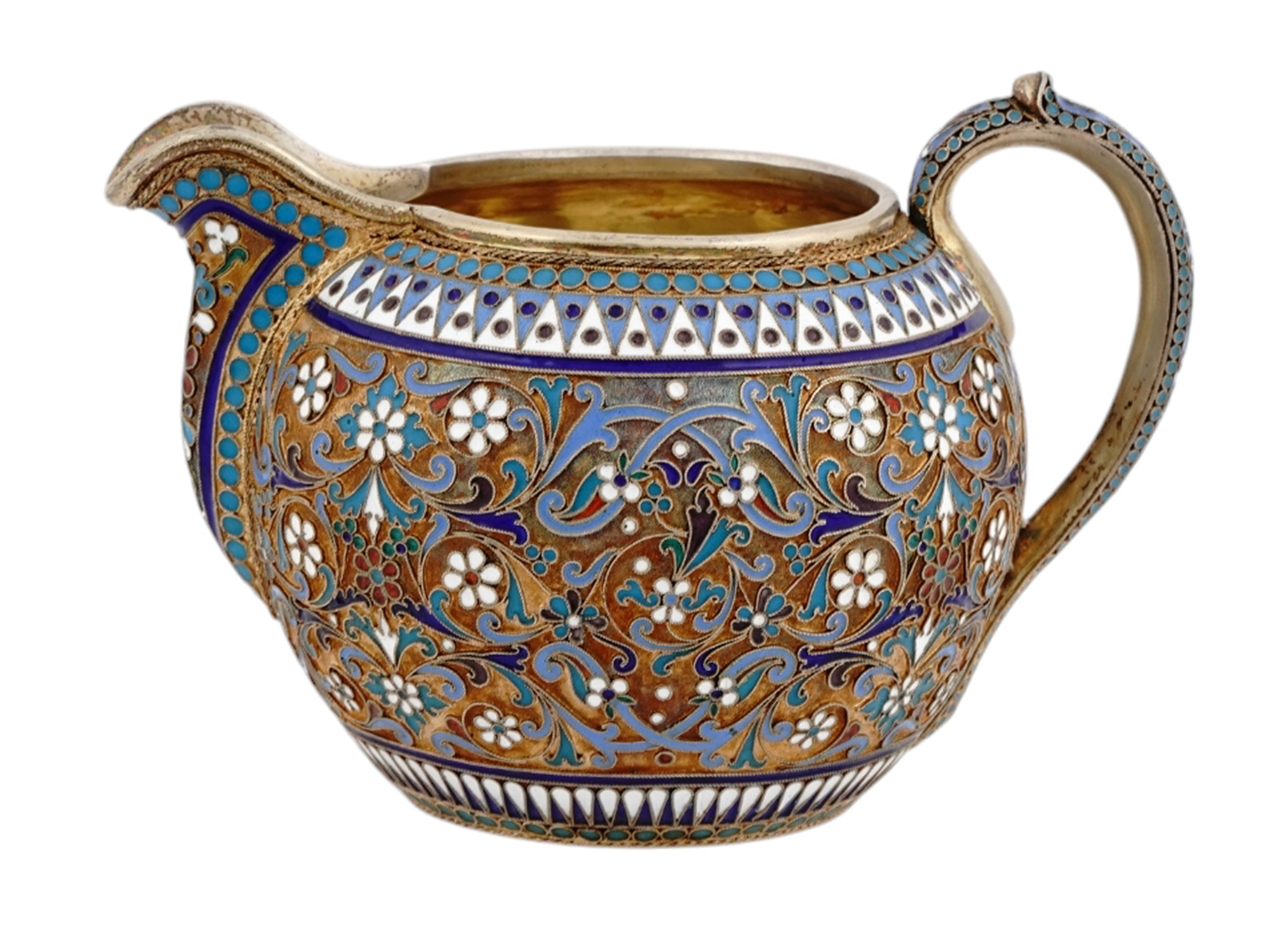 A RUSSIAN GILT-SILVER AND CLOISONNE ENAMEL 2-PC. COFFEE SET, 1894