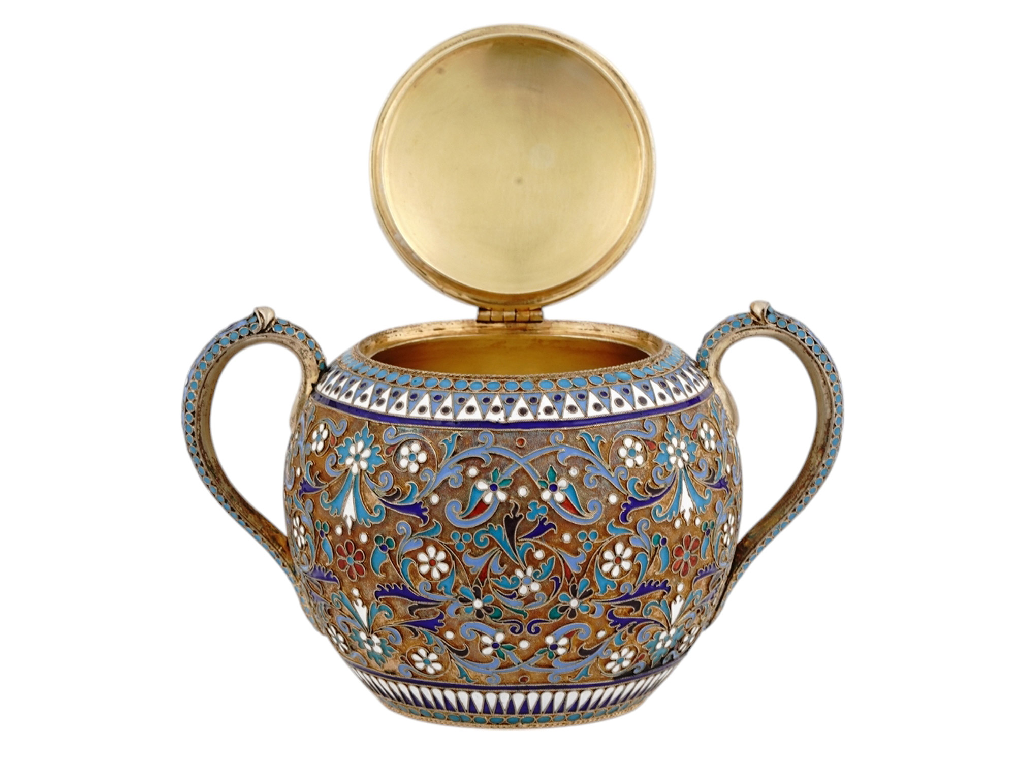 A RUSSIAN GILT-SILVER AND CLOISONNE ENAMEL 2-PC. COFFEE SET, 1894