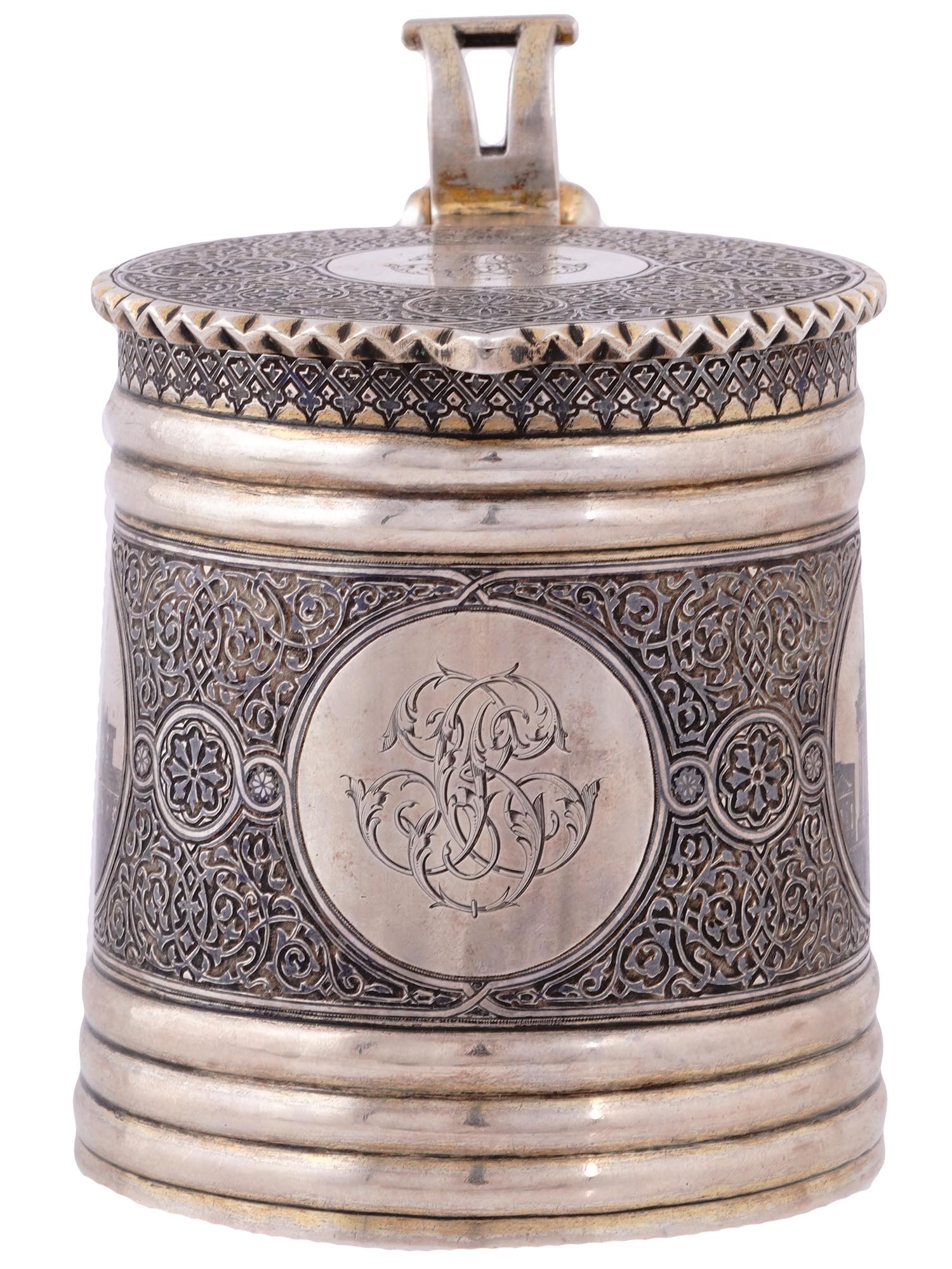 A RUSSIAN PARCEL-GILT-SILVER AND NIELLO LIDDED TANKARD, OVCHINNIKOV, 1878
