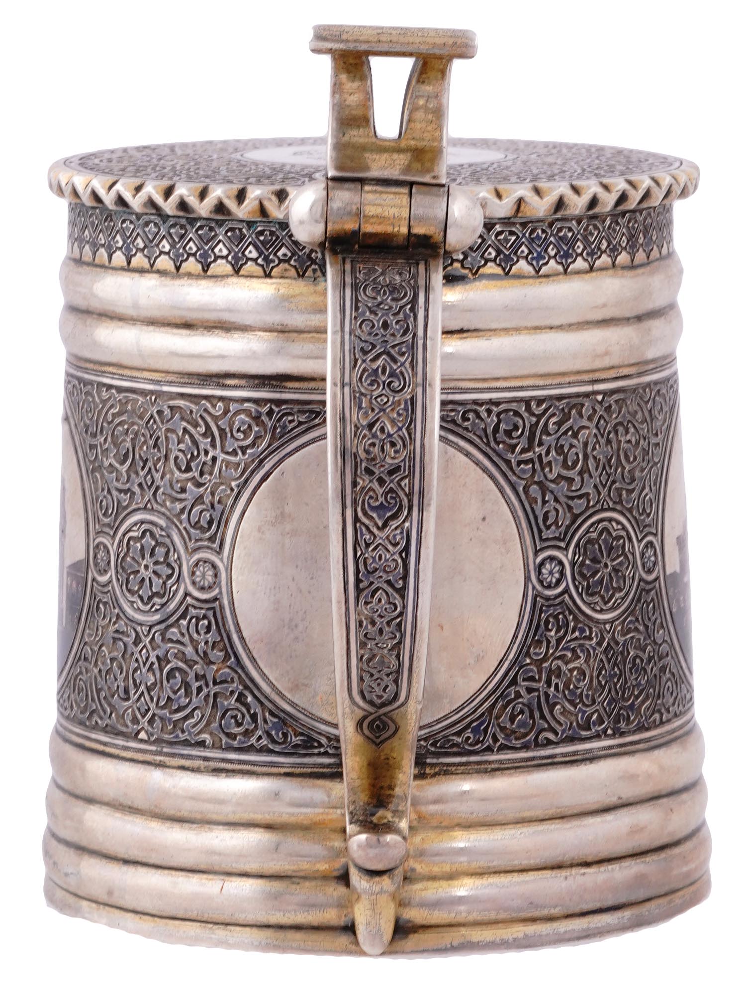 A RUSSIAN PARCEL-GILT-SILVER AND NIELLO LIDDED TANKARD, OVCHINNIKOV, 1878