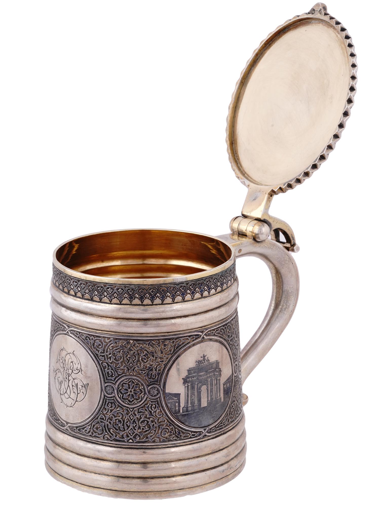 A RUSSIAN PARCEL-GILT-SILVER AND NIELLO LIDDED TANKARD, OVCHINNIKOV, 1878