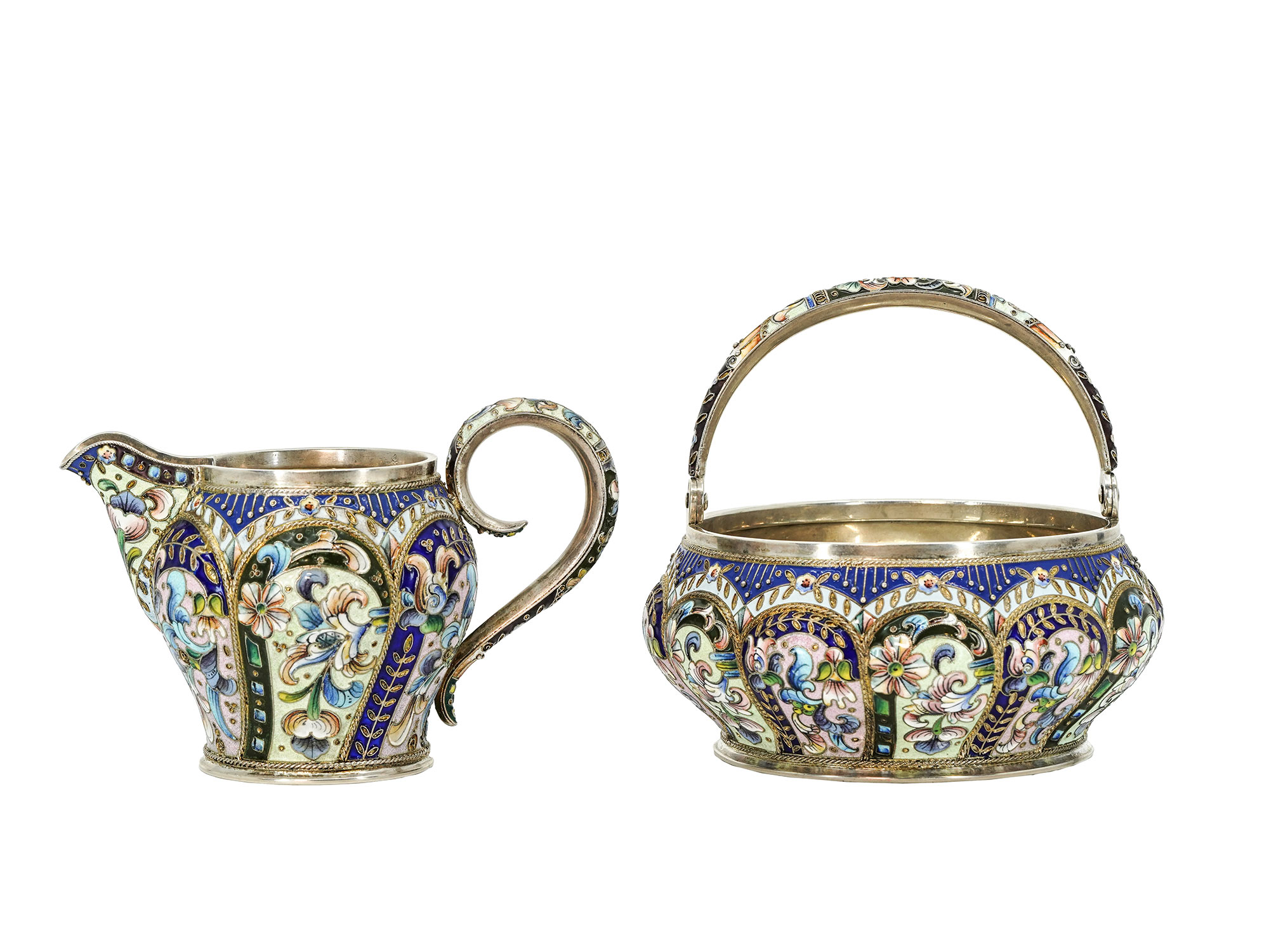 A MAGNIFICENT RUSSIAN TWO-PIECE GILT-SILVER ENAMEL SET, MOSCOW, 1908-17