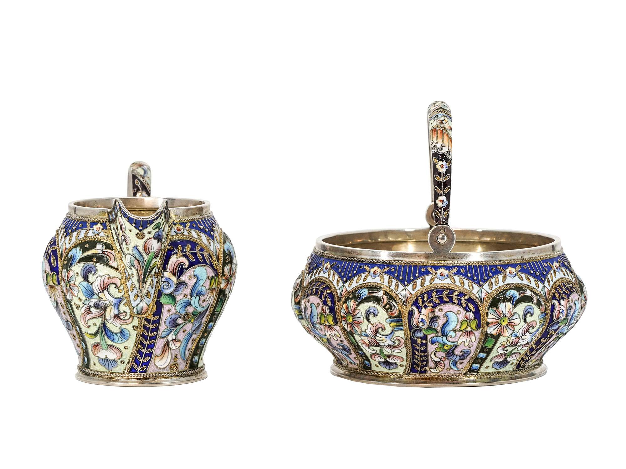 A MAGNIFICENT RUSSIAN TWO-PIECE GILT-SILVER ENAMEL SET, MOSCOW, 1908-17