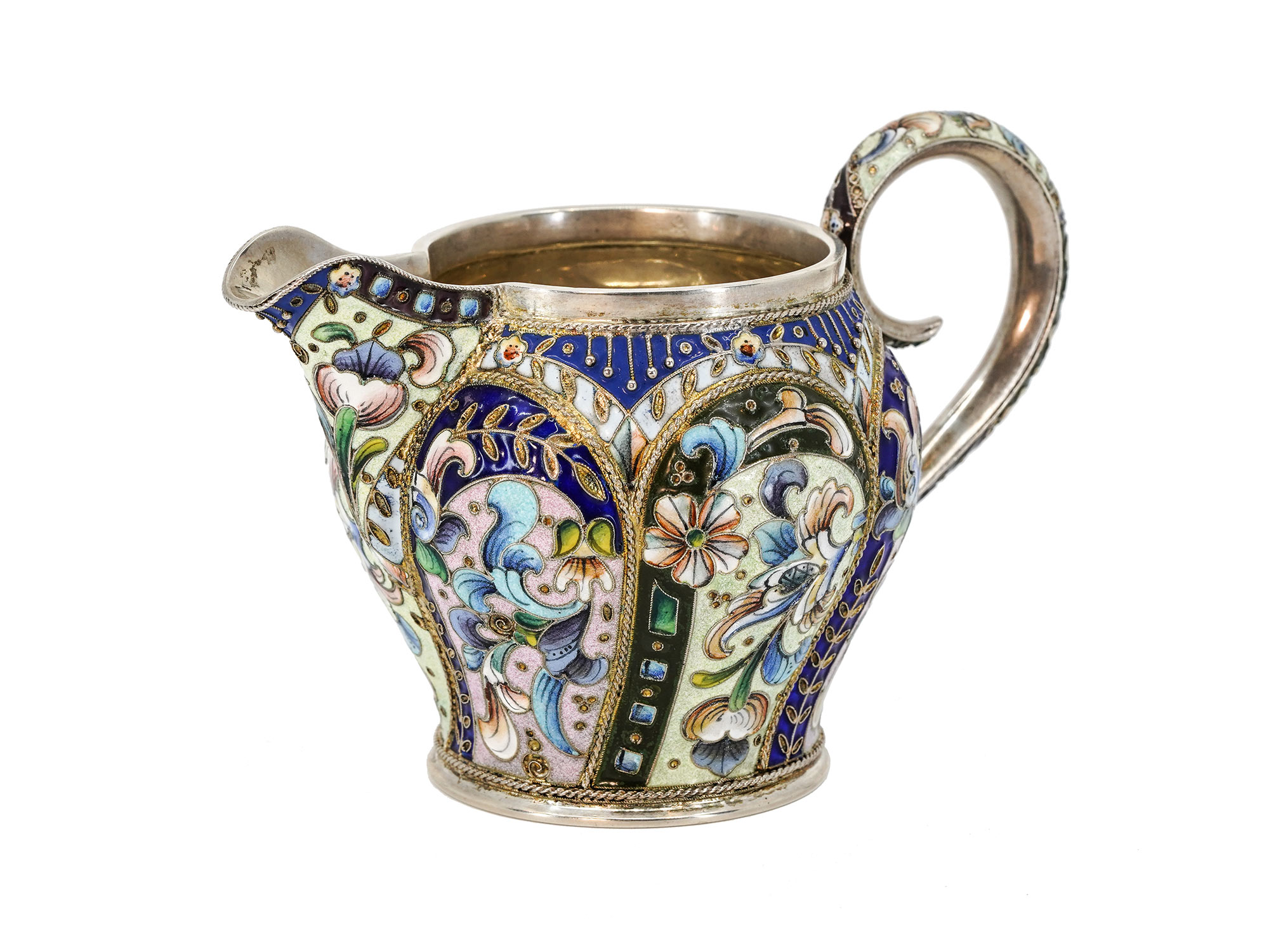 A MAGNIFICENT RUSSIAN TWO-PIECE GILT-SILVER ENAMEL SET, MOSCOW, 1908-17