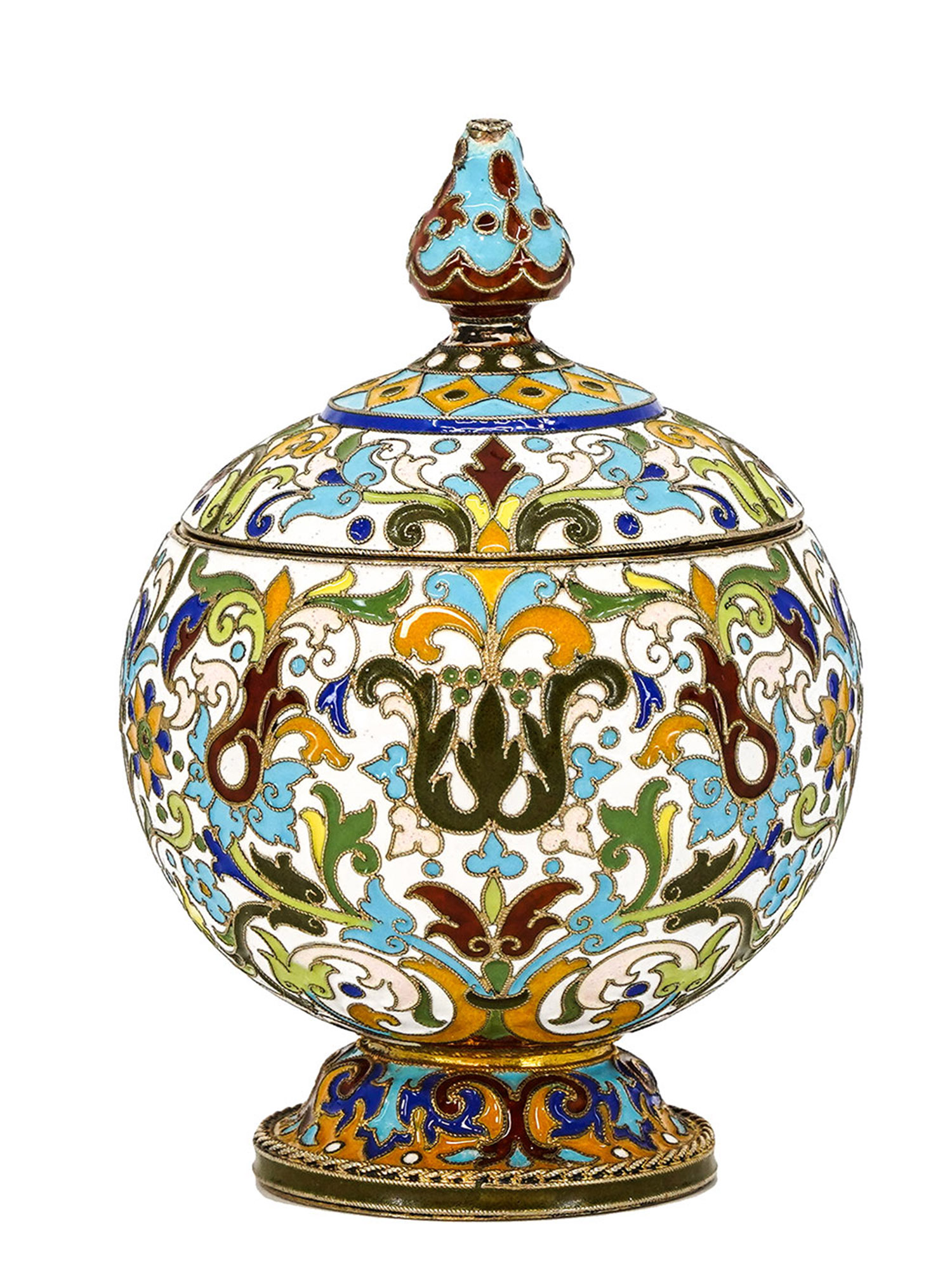 A RUSSIAN GILT-SILVER AND ENAMEL JAR BY F. RUCKERT, MOSCOW, 1899-1908