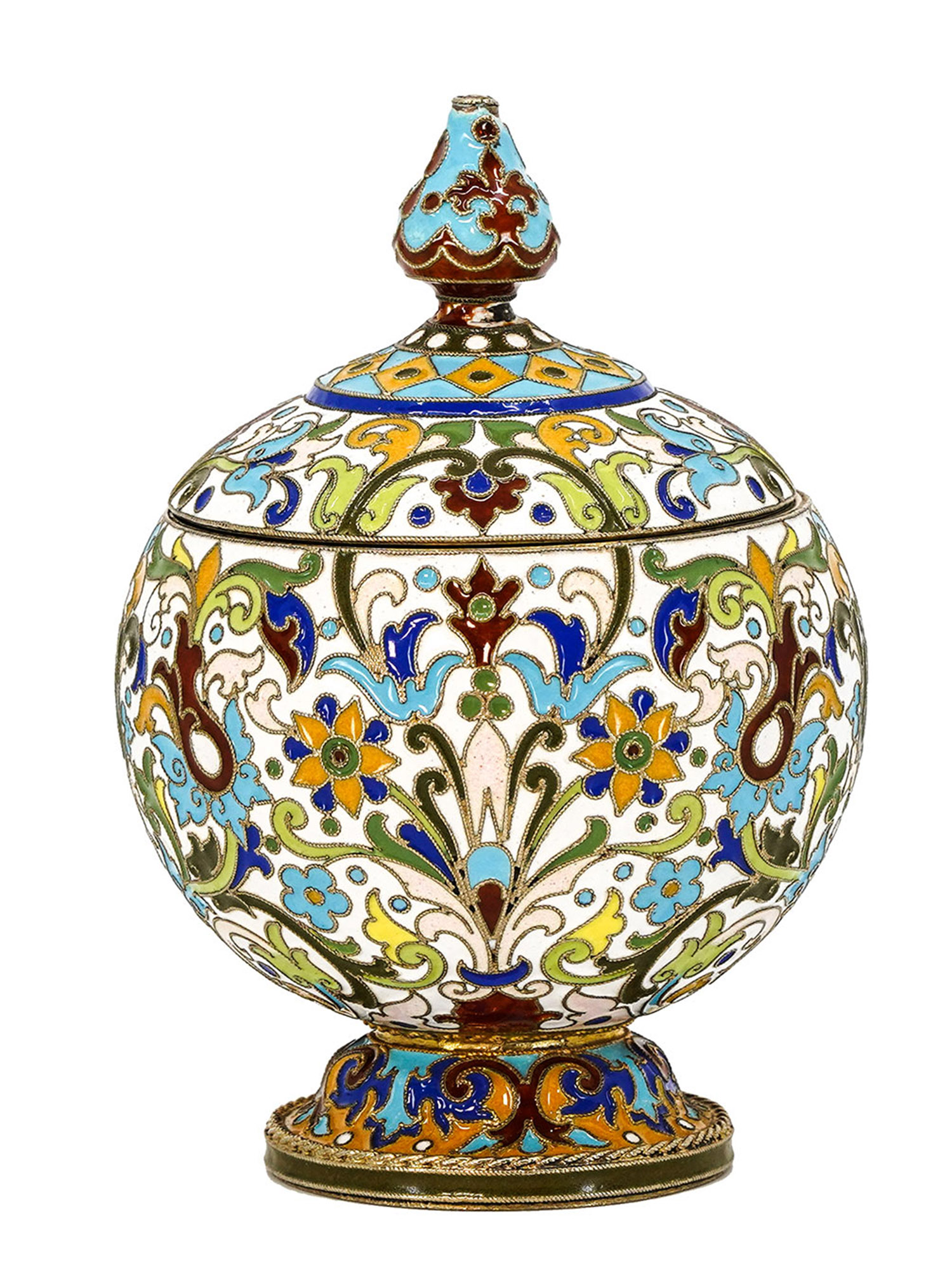 A RUSSIAN GILT-SILVER AND ENAMEL JAR BY F. RUCKERT, MOSCOW, 1899-1908