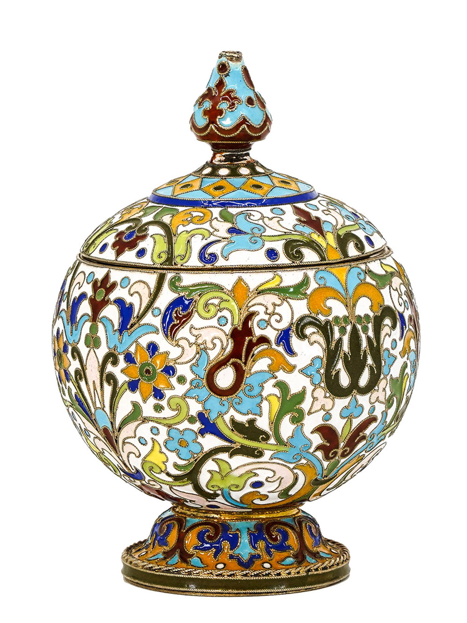 A RUSSIAN GILT-SILVER AND ENAMEL JAR BY F. RUCKERT, MOSCOW, 1899-1908