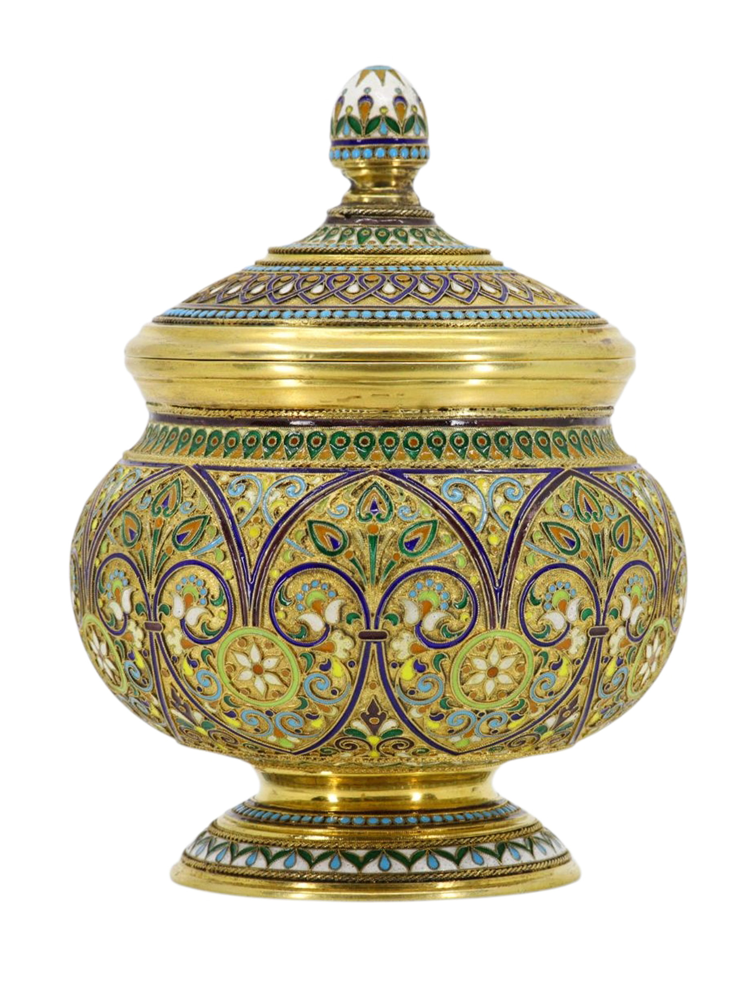 A RUSSIAN PARCEL GILT-SILVER AND CLOISONNÉ ENAMEL LIDDED CONTAINER, CA. 1890