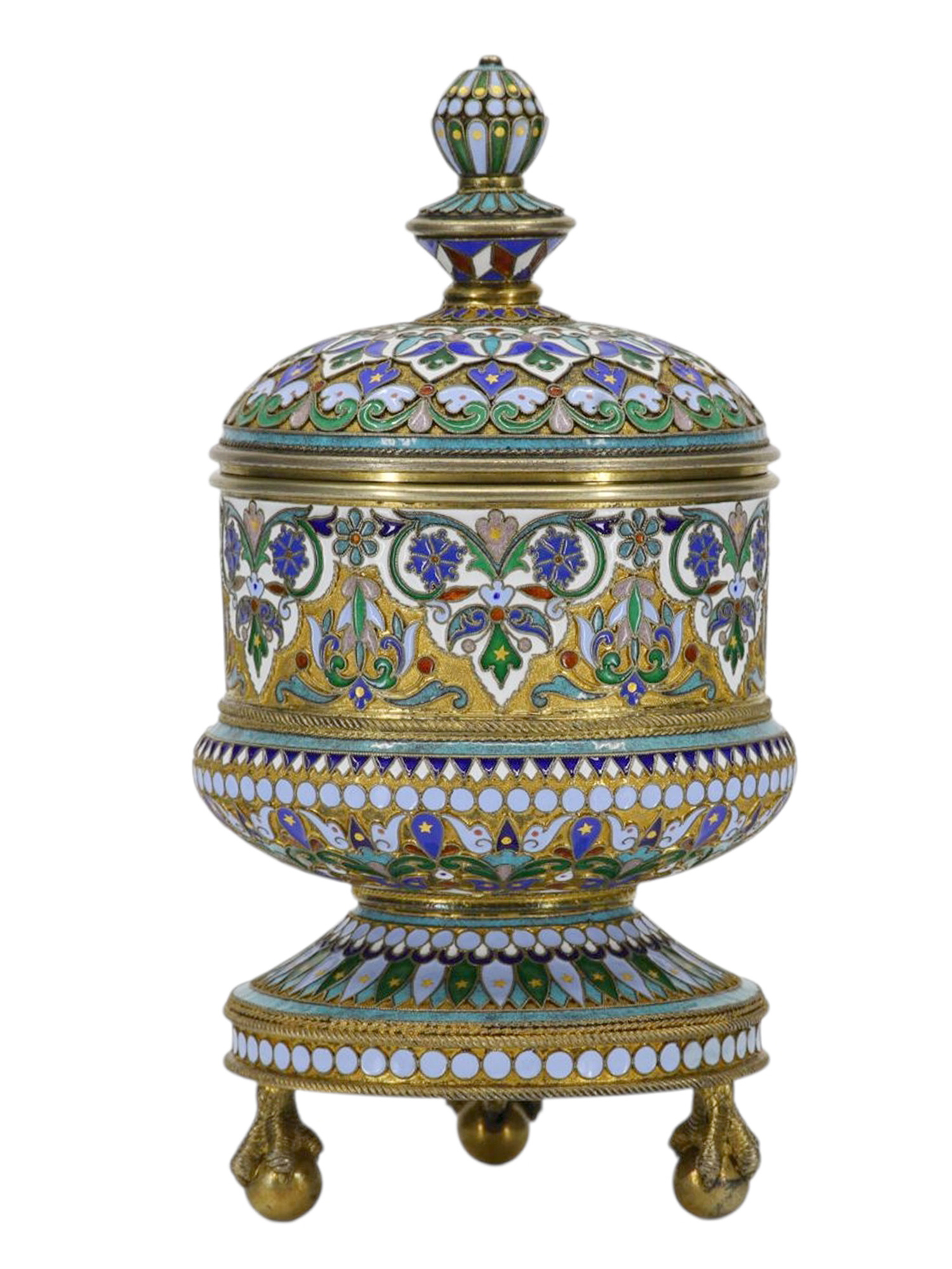 A RUSSIAN GILT-SILVER AND ENAMEL LIDDED CONTAINER BY P. OVCHINIKOV, 1882