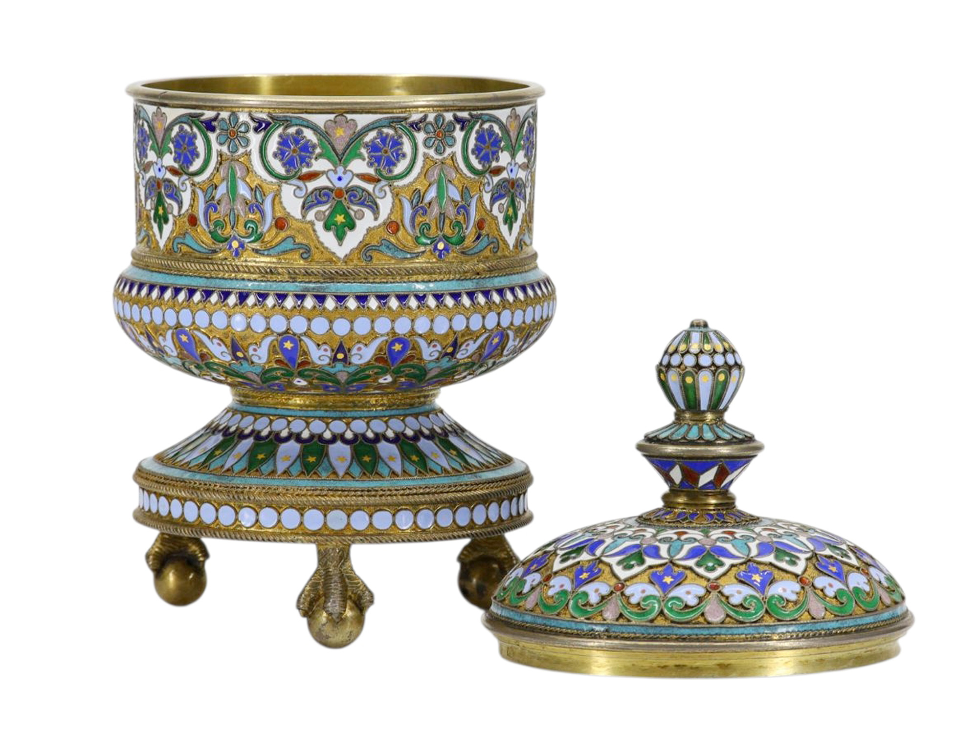 A RUSSIAN GILT-SILVER AND ENAMEL LIDDED CONTAINER BY P. OVCHINIKOV, 1882