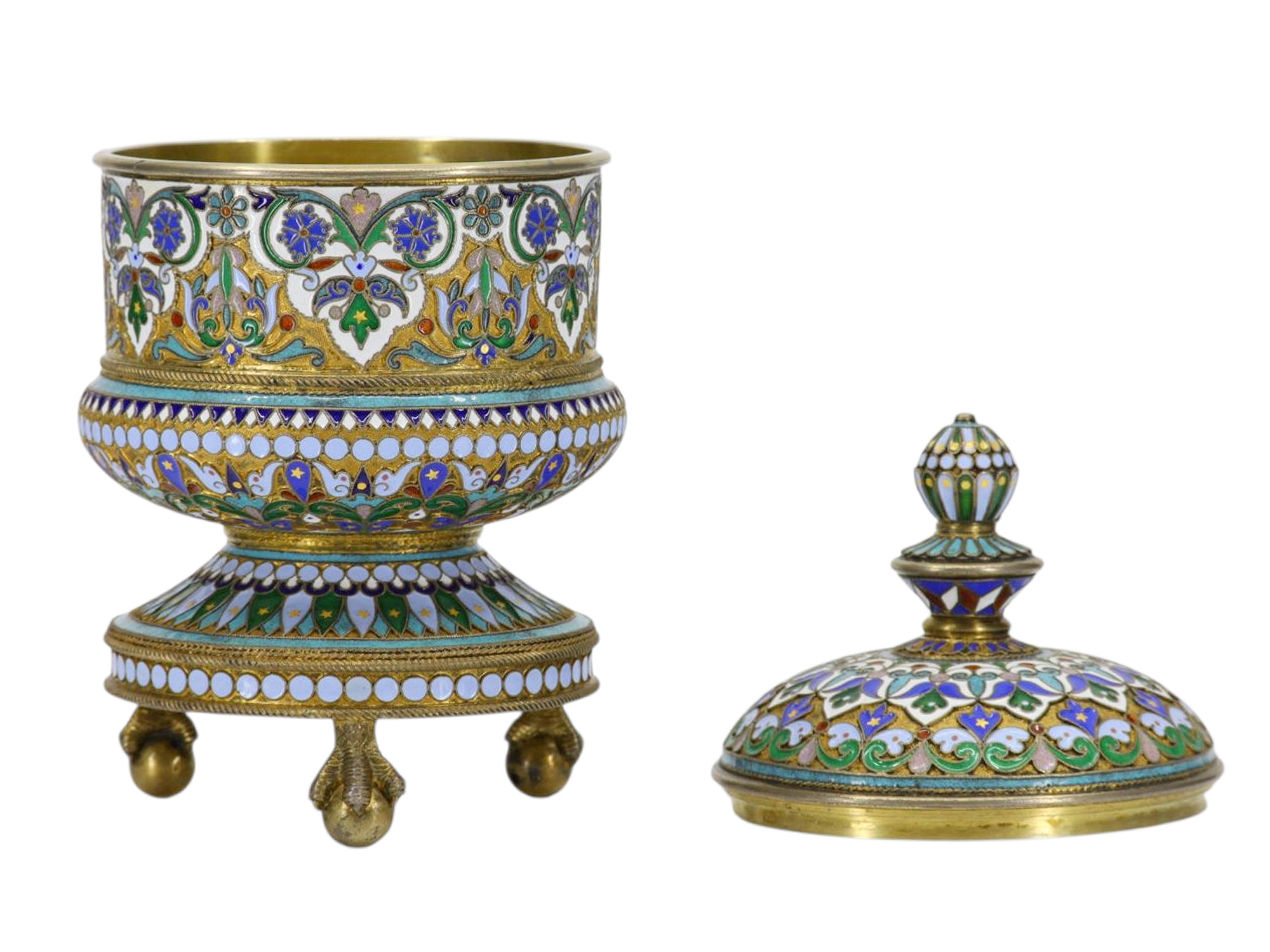 A RUSSIAN GILT-SILVER AND ENAMEL LIDDED CONTAINER BY P. OVCHINIKOV, 1882