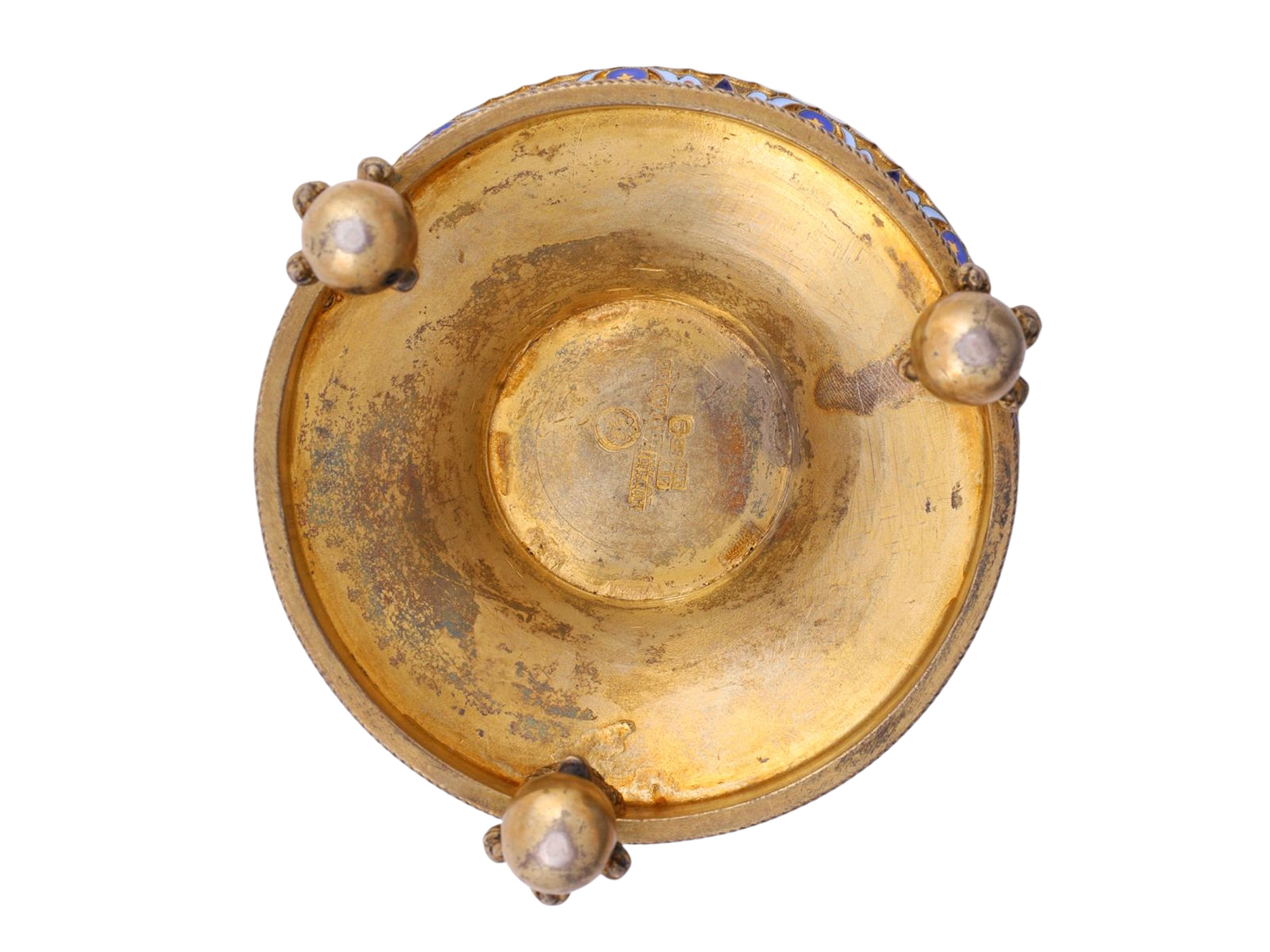 A RUSSIAN GILT-SILVER AND ENAMEL LIDDED CONTAINER BY P. OVCHINIKOV, 1882