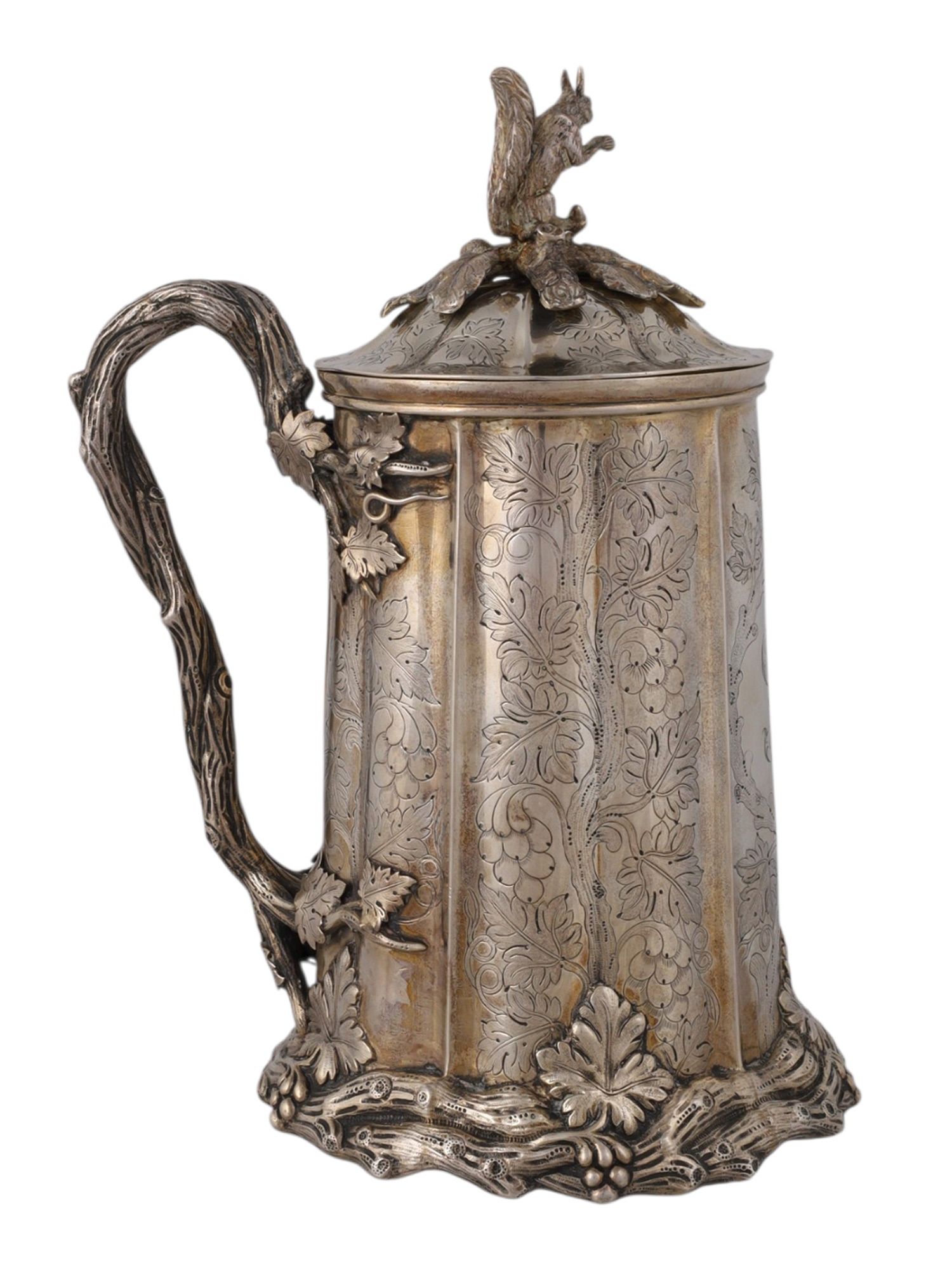 A LARGE RUSSIAN GILT-SILVER LIDDED TANKARD BY GRACHEV, 1866