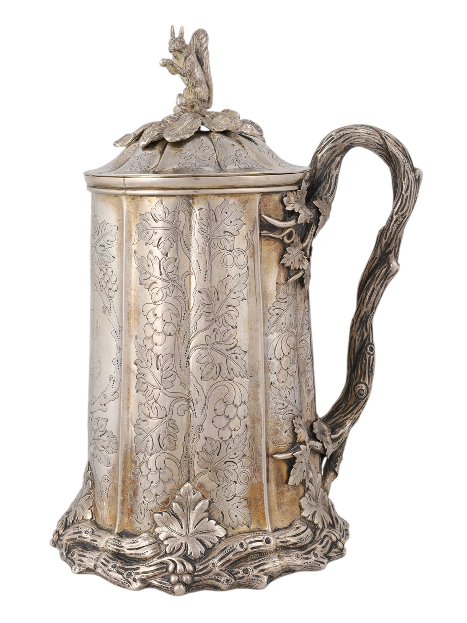 A LARGE RUSSIAN GILT-SILVER LIDDED TANKARD BY GRACHEV, 1866
