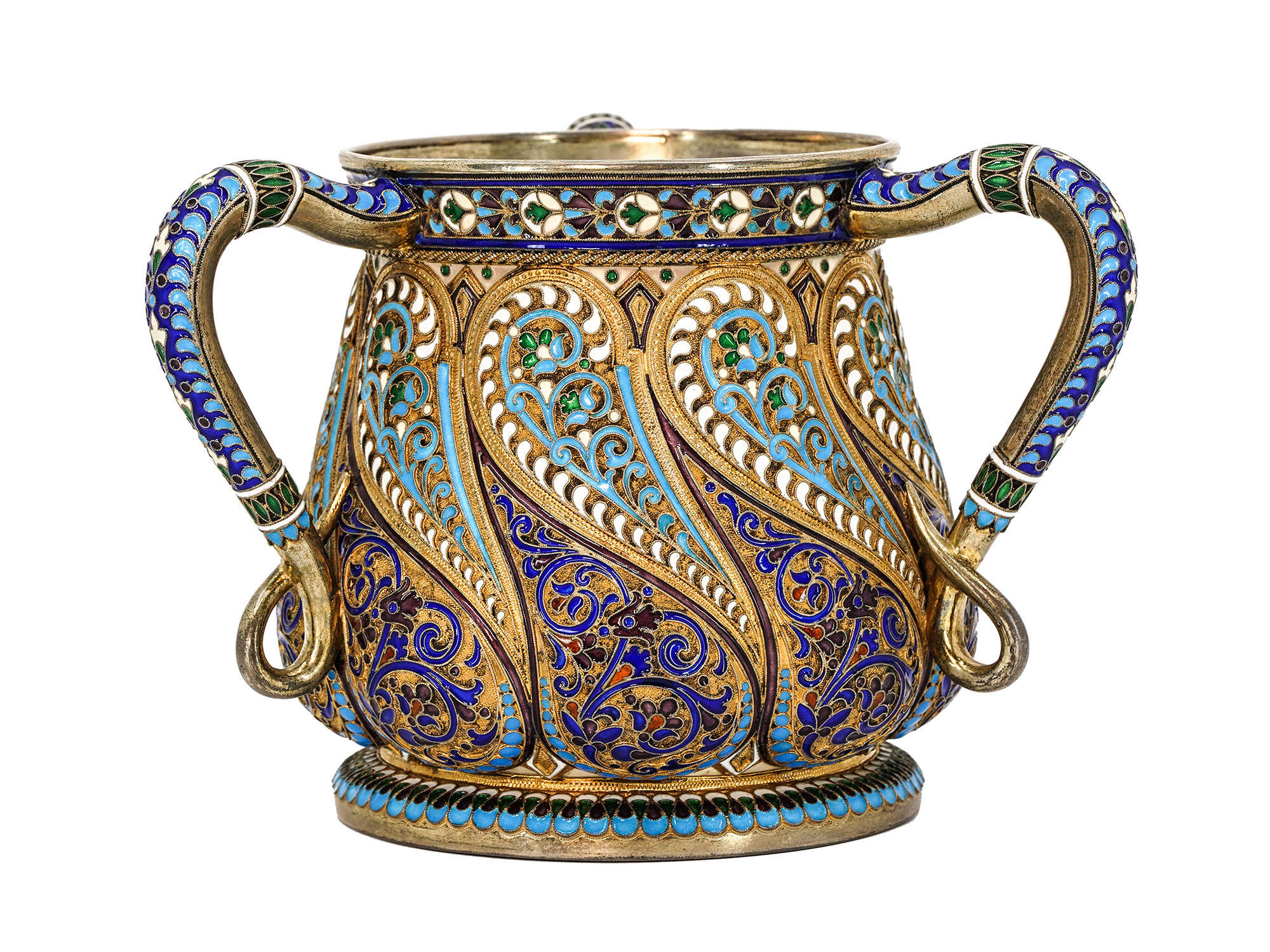 A RUSSIAN SILVER AND ENAMEL THREE-HANDLED CUP, MADE FOR TIFFANY, MOSCOW, 1899-1908
