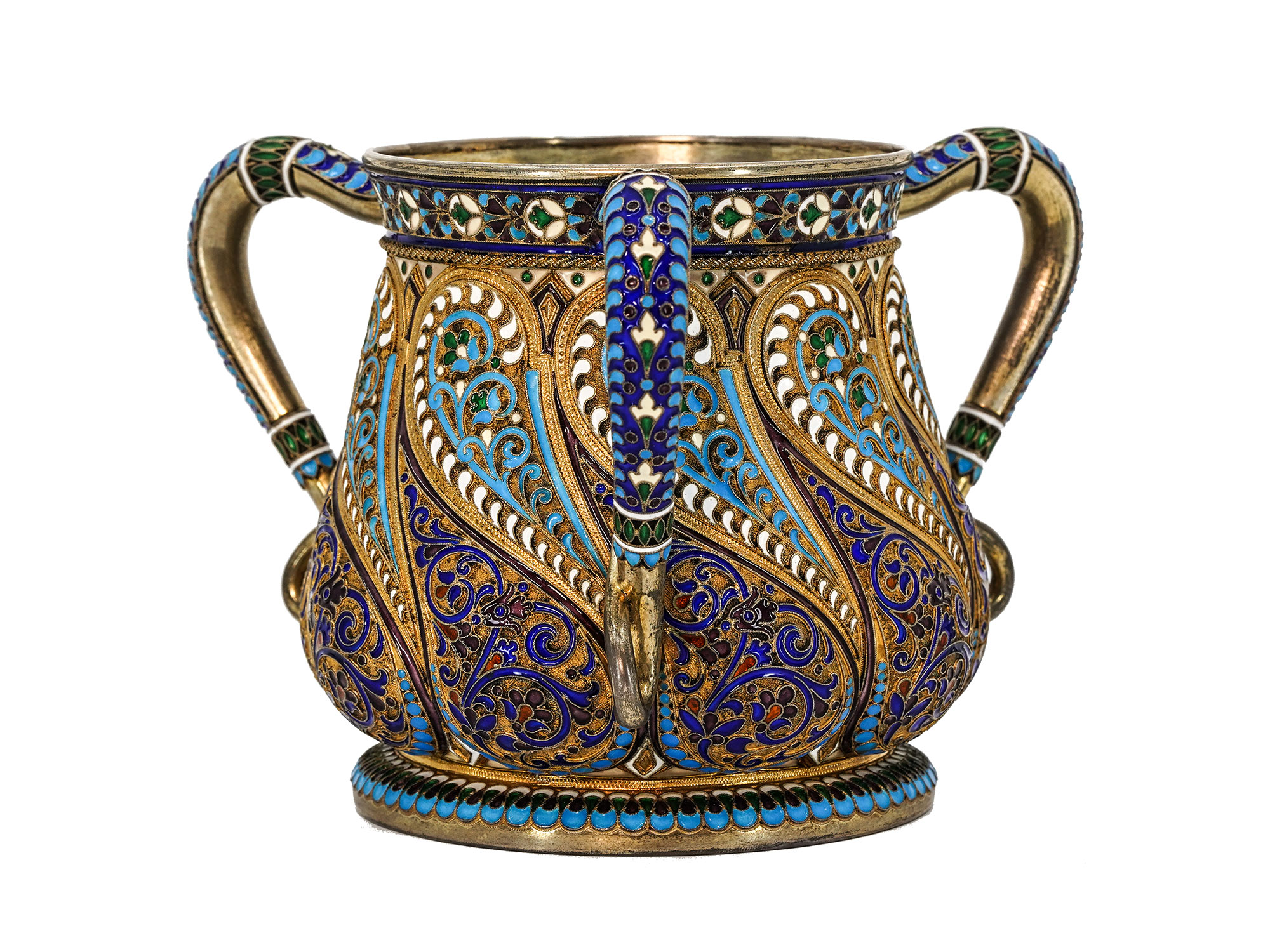 A RUSSIAN SILVER AND ENAMEL THREE-HANDLED CUP, MADE FOR TIFFANY, MOSCOW, 1899-1908