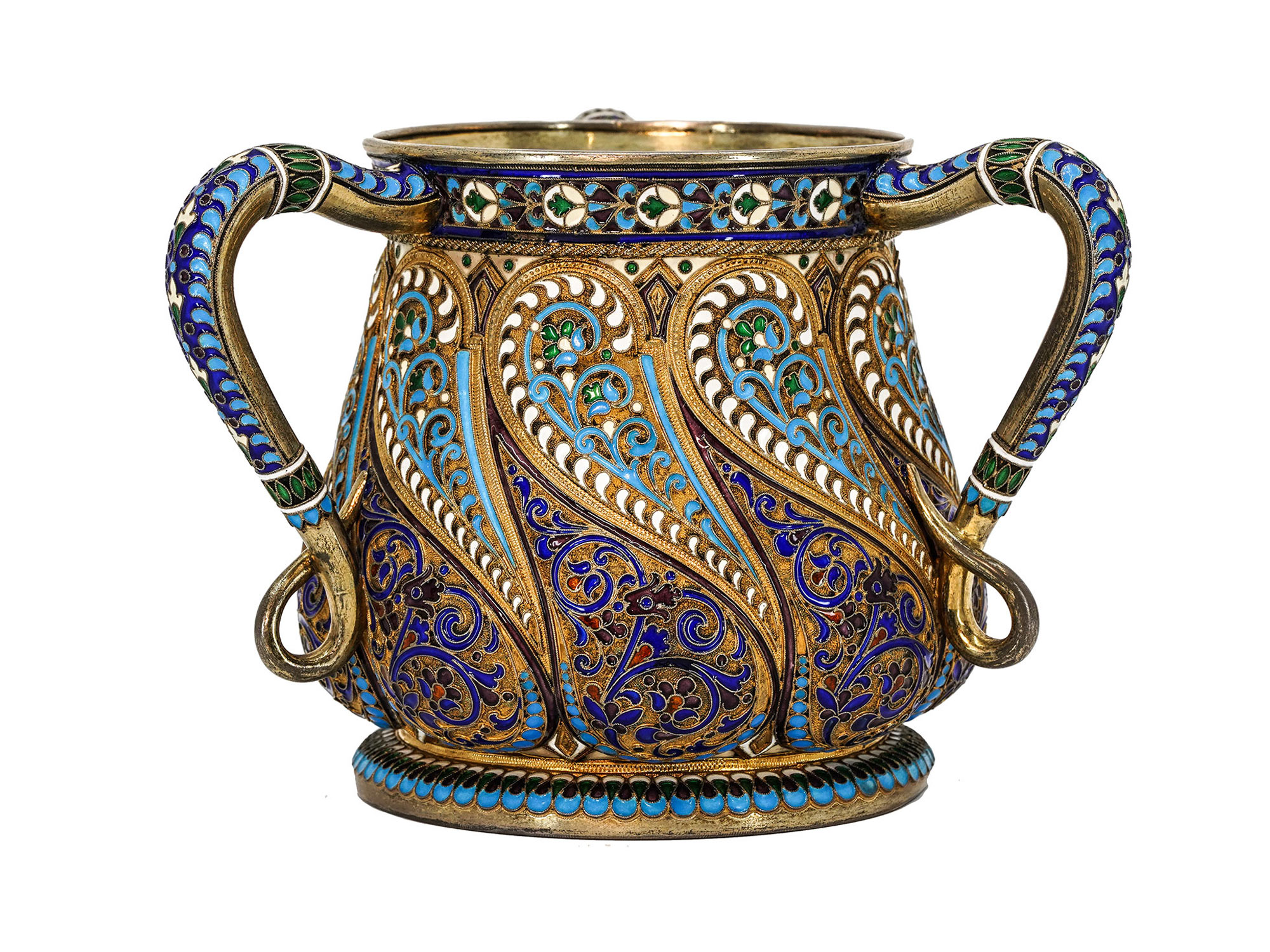 A RUSSIAN SILVER AND ENAMEL THREE-HANDLED CUP, MADE FOR TIFFANY, MOSCOW, 1899-1908