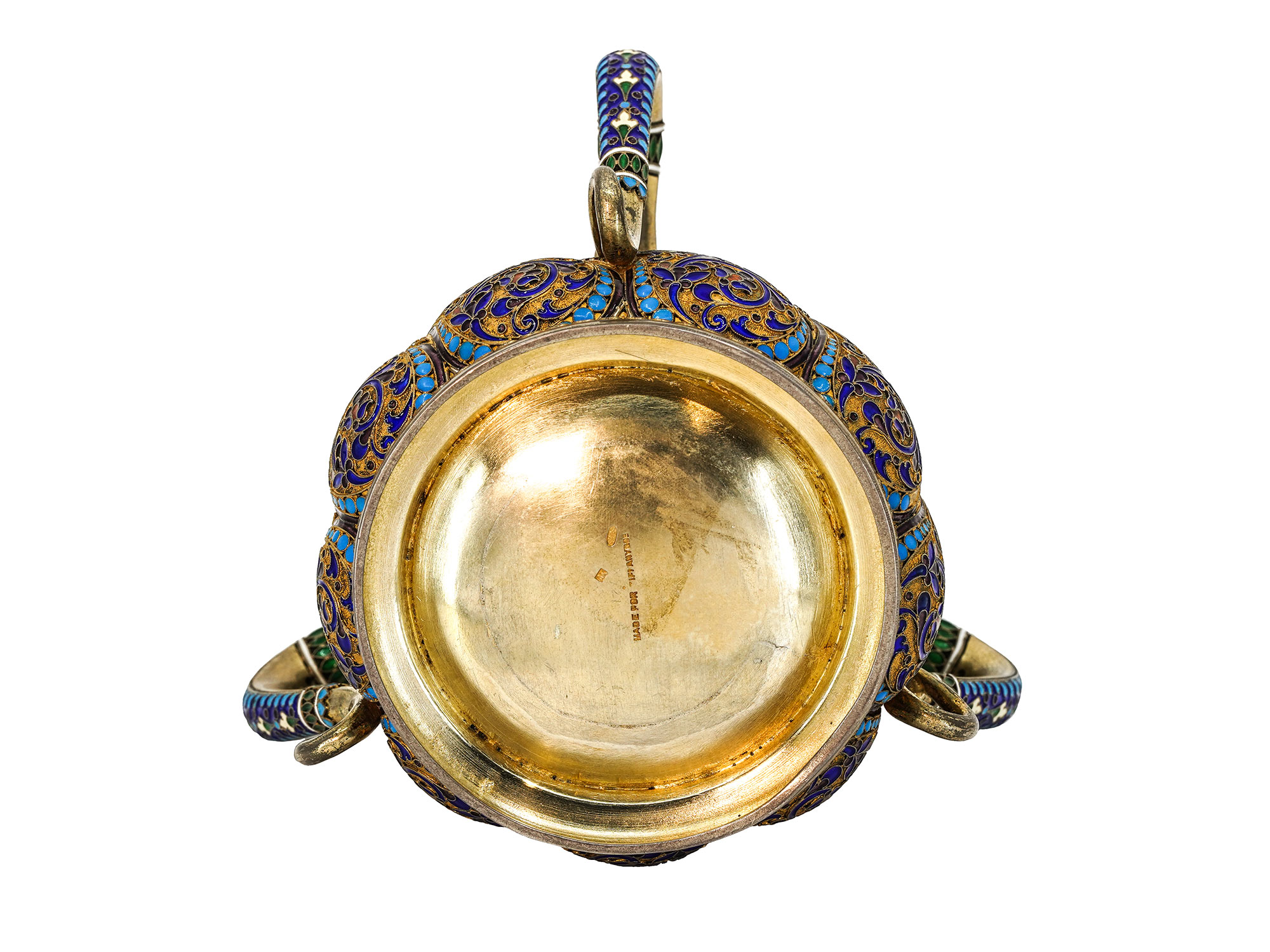 A RUSSIAN SILVER AND ENAMEL THREE-HANDLED CUP, MADE FOR TIFFANY, MOSCOW, 1899-1908