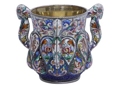 A RUSSIAN SILVER AND ENAMEL CUP BY F. RUCKERT, MOSCOW, 1899-1908. Of baluster form, the lower 