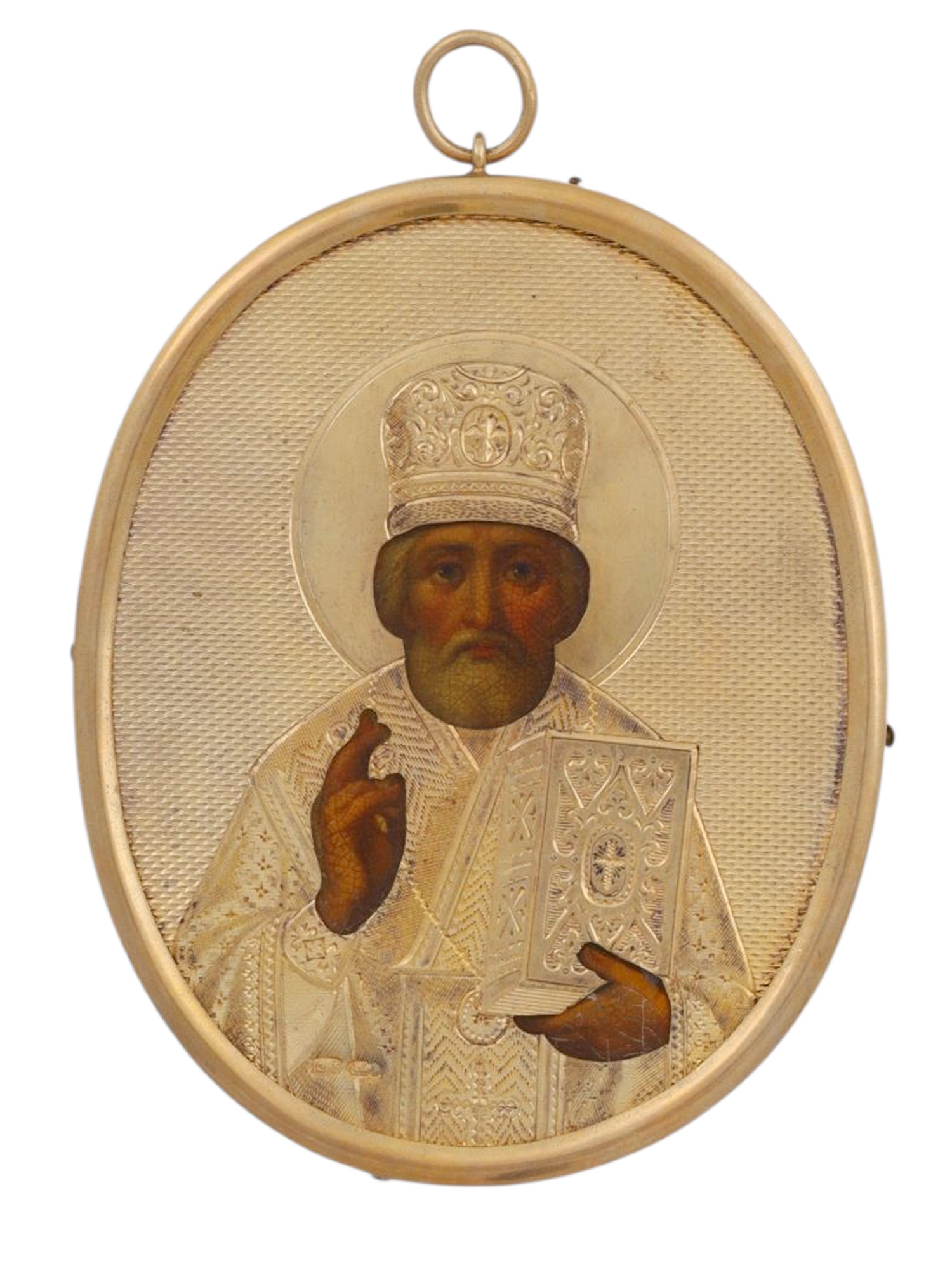 A RUSSIAN ICON OF ST NICHOLAS, SILVER RIZA, 1882-99