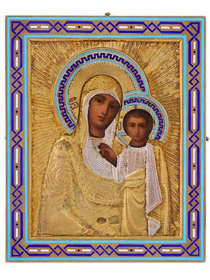 A RUSSIAN ICON OF THE MOTHER OF GOD OF KAZAN, SILVER AND ENAMEL RIZA, 1899–1908. Moscow 