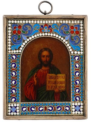A RUSSIAN SILVER AND ENAMEL ICON OF CHRIST POTACRATOR BY MOROZOV, 1899-1908. E. Morozov 