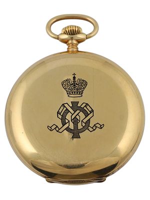A RUSSIAN 14K GOLD ETERNA HUNTER-CASE POCKET WATCH WITH IMPERIAL CIPHER. A Swiss Eterna pocket 