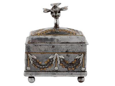 A RARE RUSSIAN PARCEL-GILT TULA STEEL SEWING BOX WITH BIRD-FORM THREAD HOLDER, CIRCA 1810. Russia 