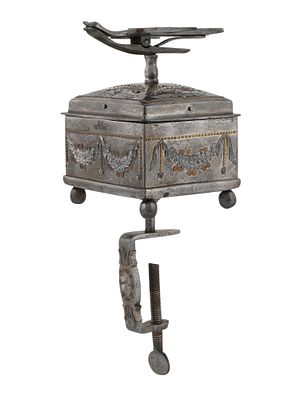 A RUSSIAN STEEL TULA SEWING BOX WITH GILT ACCENTS, CA. 1800. A Russian Tula steel sewing box 