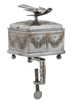 A RARE RUSSIAN PARCEL-GILT TULA STEEL SEWING BOX WITH TABLE CLAMP AND BIRD-FORM THREAD HOLDER 