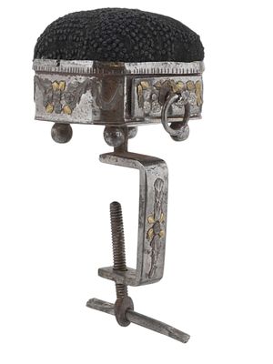 A RUSSIAN TULA STEEL PIN CUSHION WITH TABLE CLAMP, CA. 1800. A Russian Tula steel pincushion 