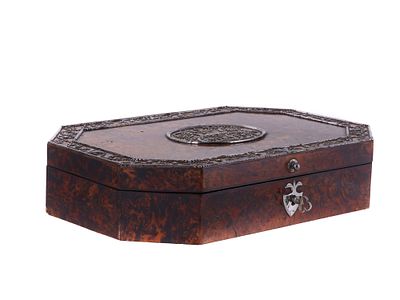 AN EARLY RUSSIAN TULA CUT-STEEL-MOUNTED BURL-WOOD SEWING BOX, EARLY 19TH CENTURY. Russian, Tula 