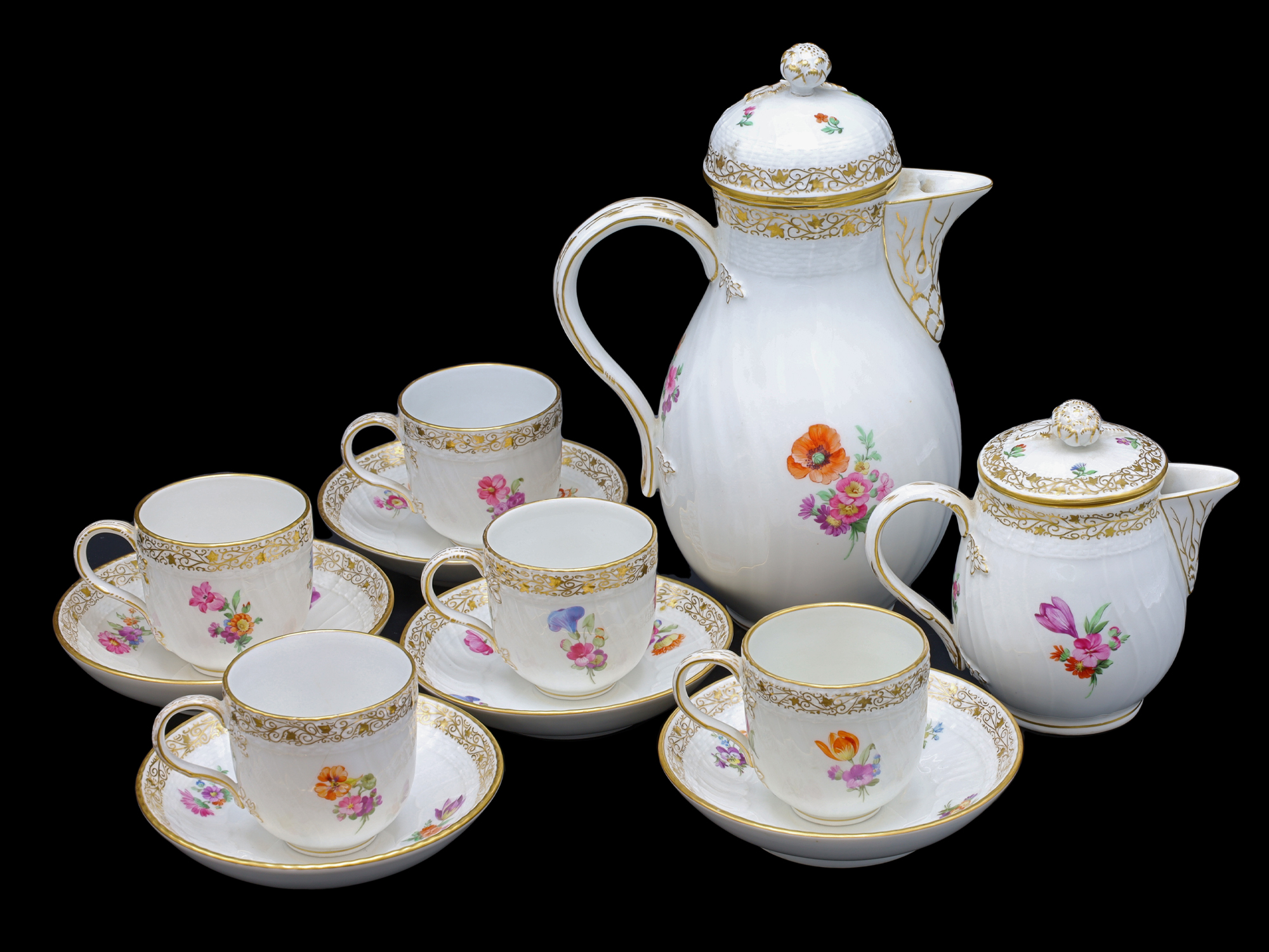 A KPM BERLIN HAND-PAINTED PORCELAIN COFFEE SERVICE