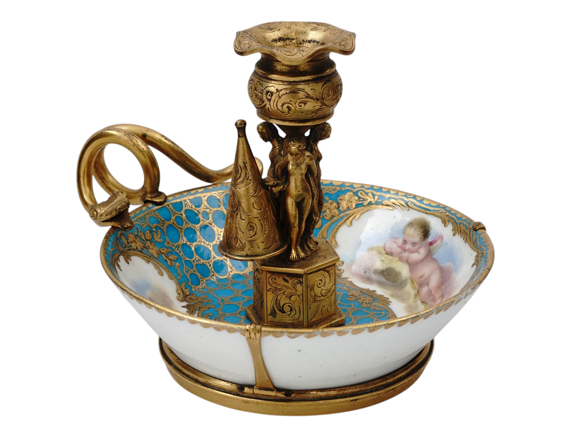 A VIENNA GILT PORCELAIN FIGURAL CHAMBERSTICK, 19TH CEN.