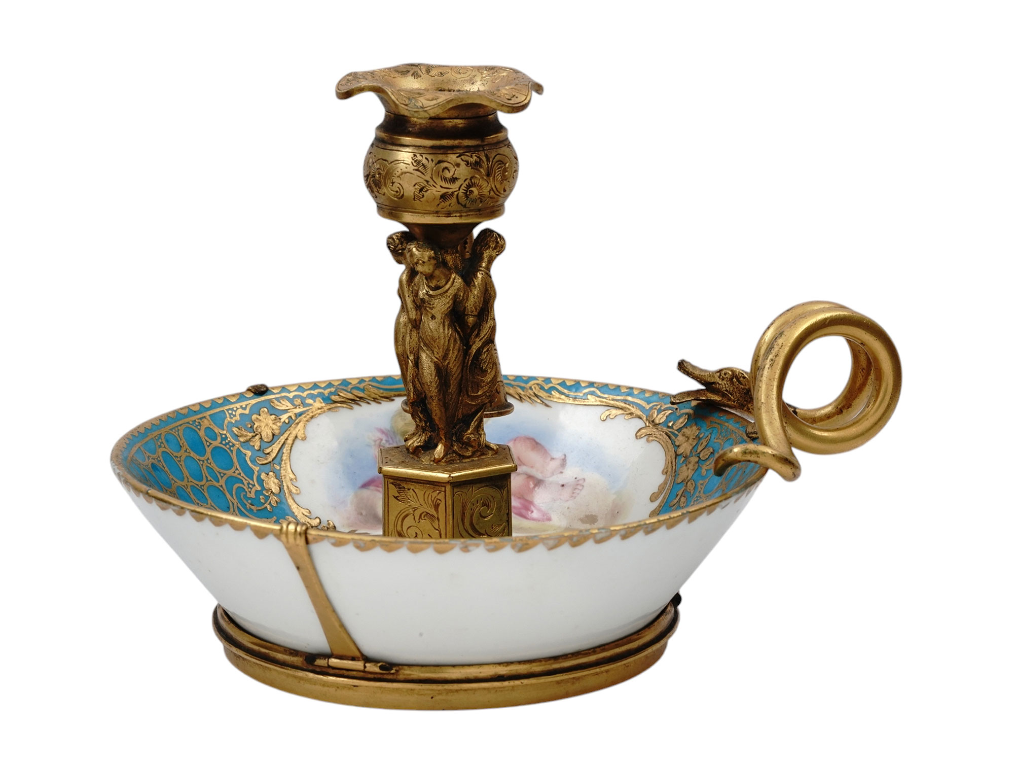 A VIENNA GILT PORCELAIN FIGURAL CHAMBERSTICK, 19TH CEN.
