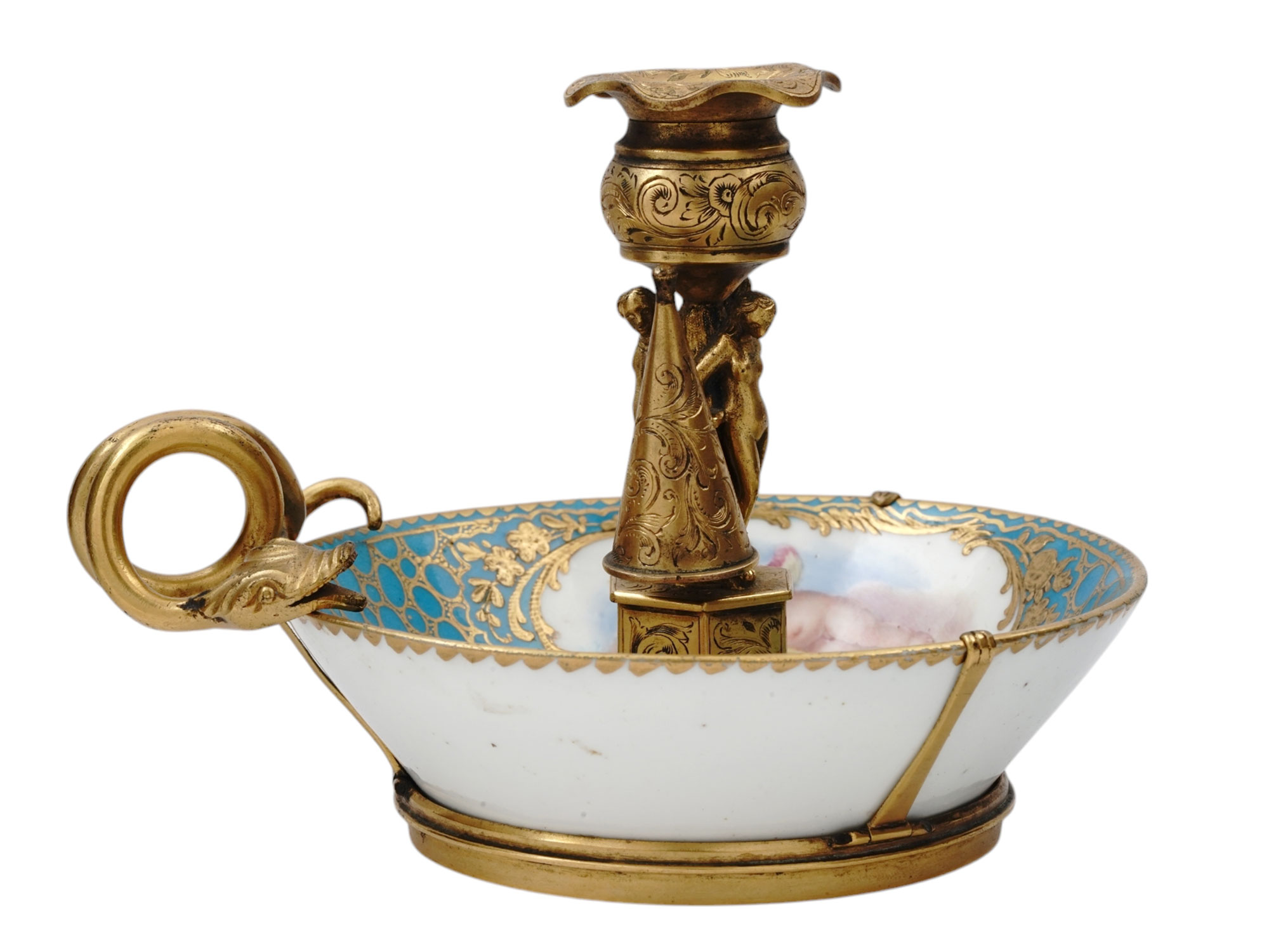 A VIENNA GILT PORCELAIN FIGURAL CHAMBERSTICK, 19TH CEN.
