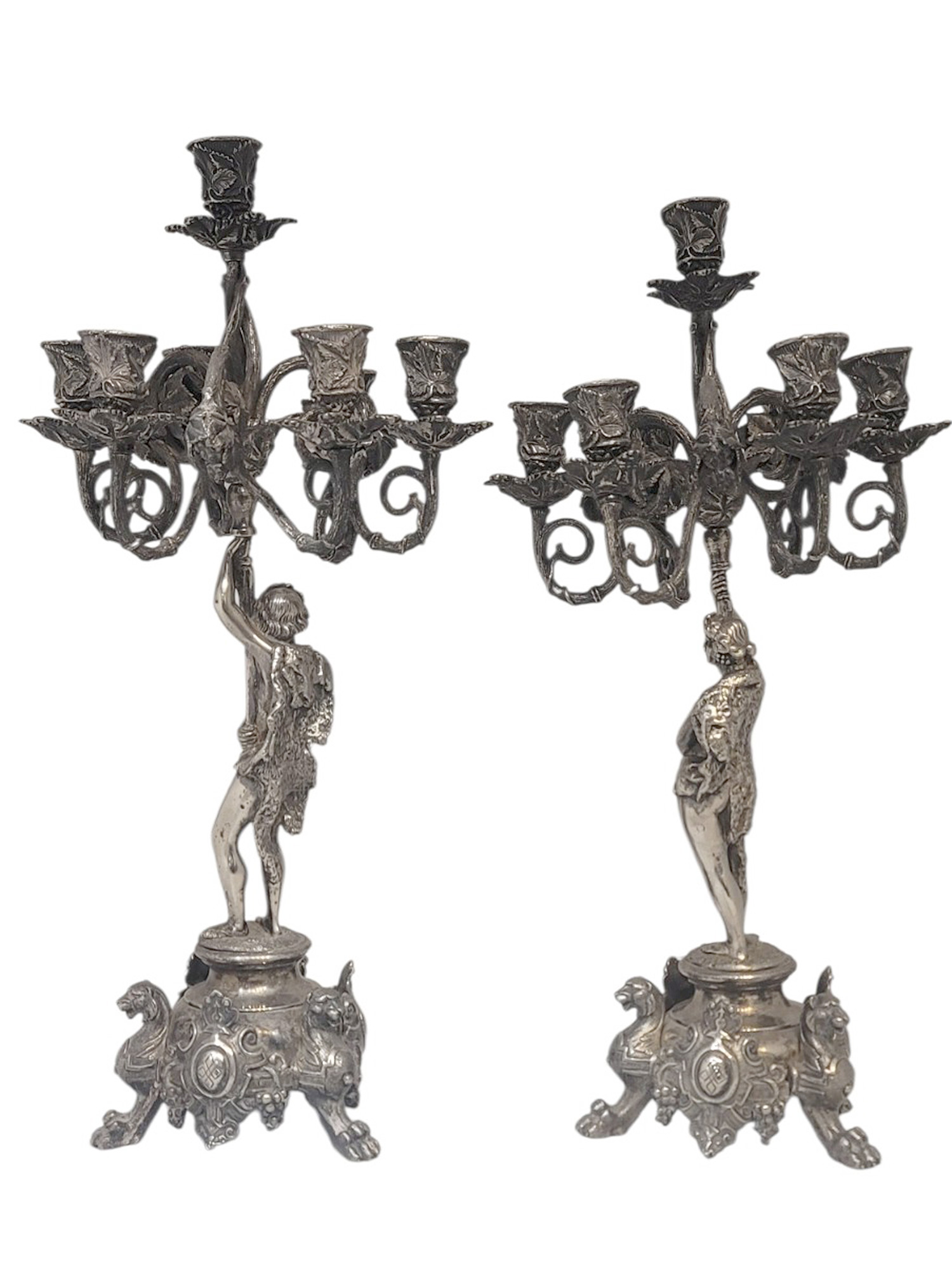 A PAIR OF SILVERED BRONZE FIGURAL FIVE-LIGHT CANDELABRA, 19TH CENTURY