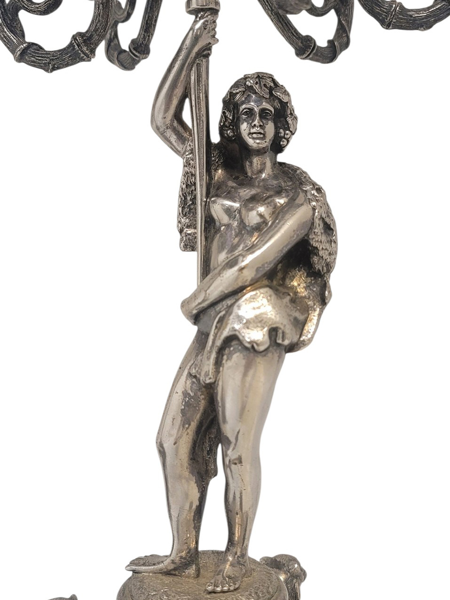 A PAIR OF SILVERED BRONZE FIGURAL FIVE-LIGHT CANDELABRA, 19TH CENTURY