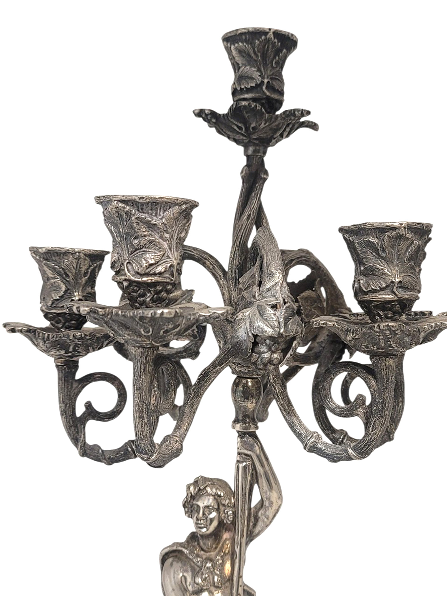 A PAIR OF SILVERED BRONZE FIGURAL FIVE-LIGHT CANDELABRA, 19TH CENTURY