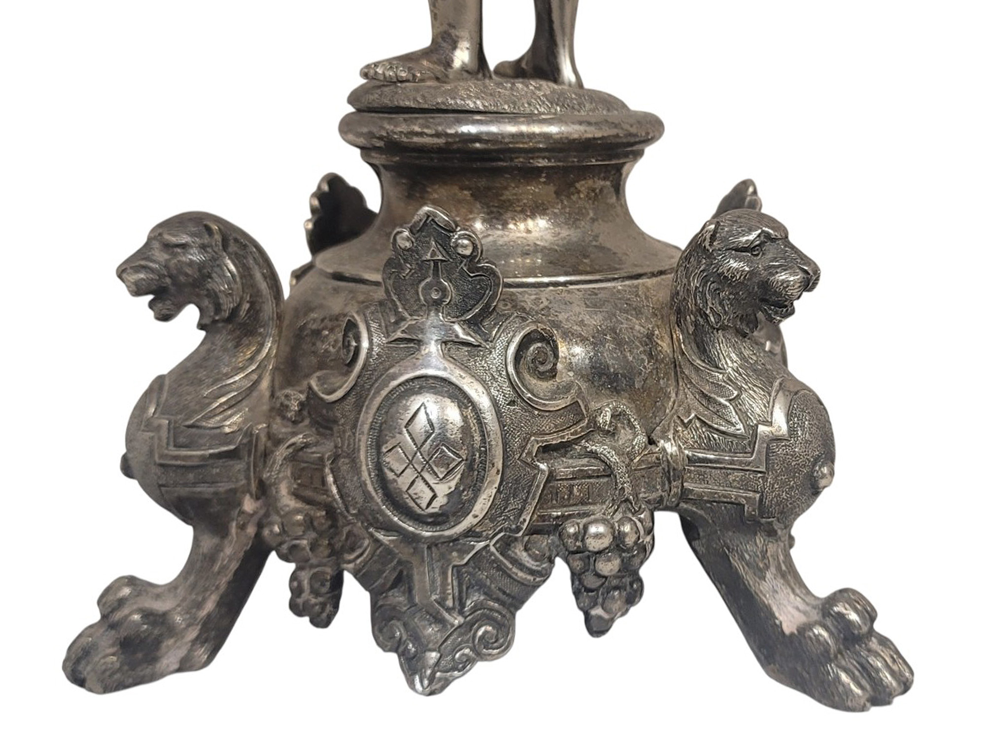 A PAIR OF SILVERED BRONZE FIGURAL FIVE-LIGHT CANDELABRA, 19TH CENTURY