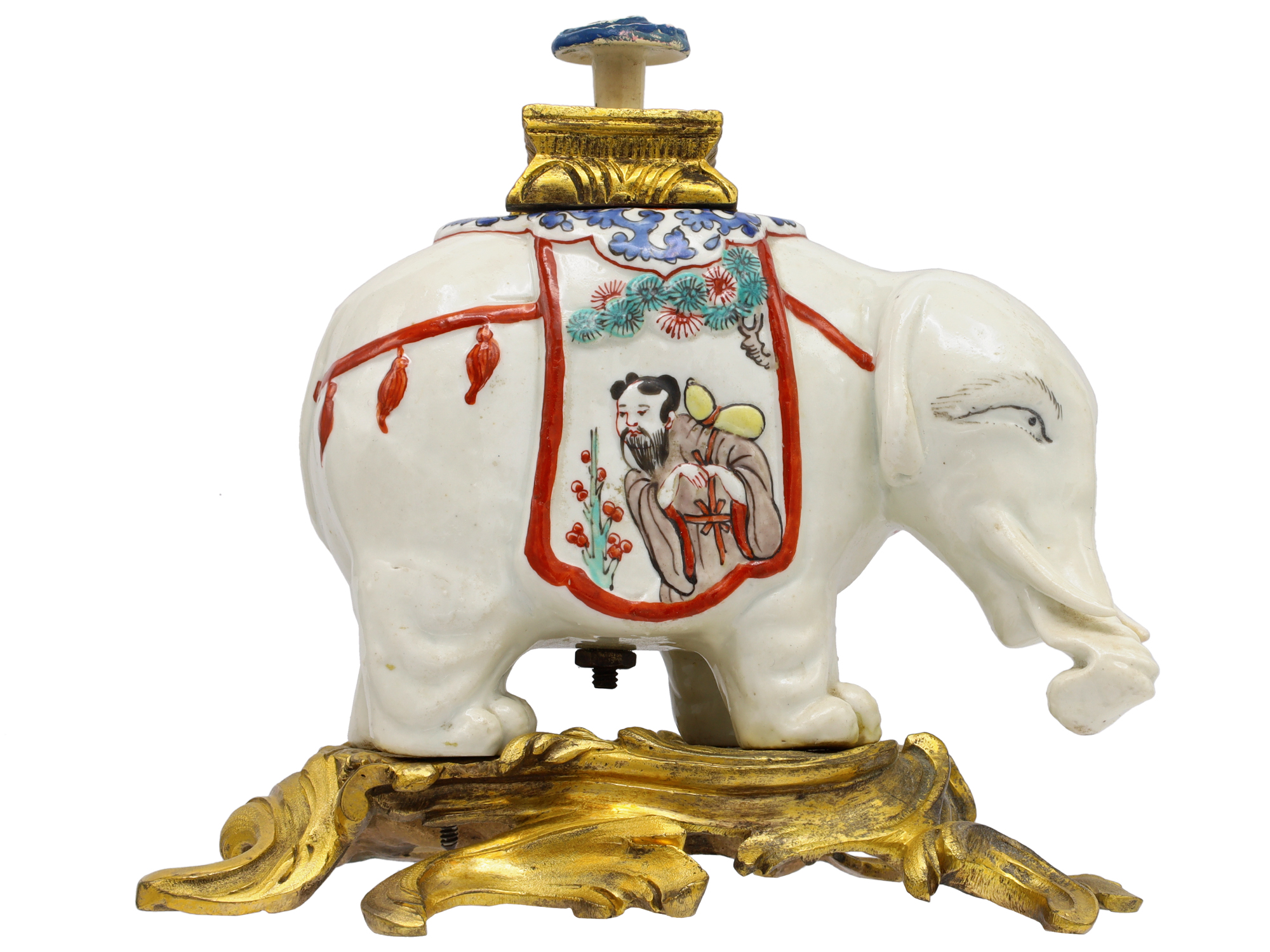 A CHANTILLY PORCELAIN ELEPHANT-FORM PERFUME BURNER, 18TH CENTURY