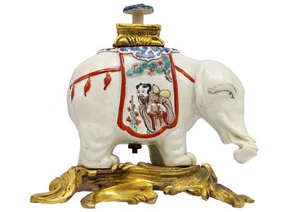 A CHANTILLY PORCELAIN ELEPHANT-FORM PERFUME BURNER, 18TH CENTURY. A French Chantilly soft-paste 