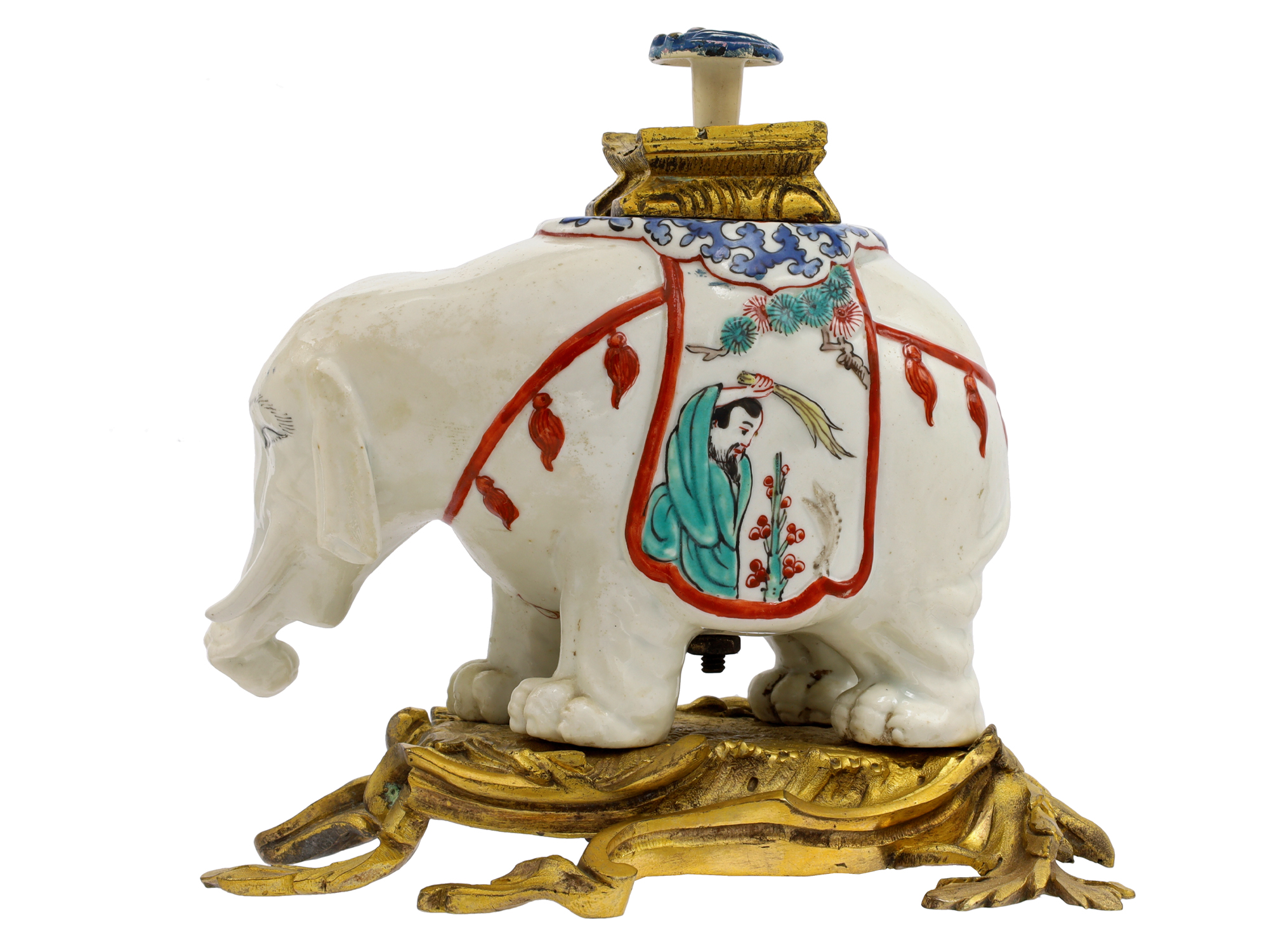 A CHANTILLY PORCELAIN ELEPHANT-FORM PERFUME BURNER, 18TH CENTURY