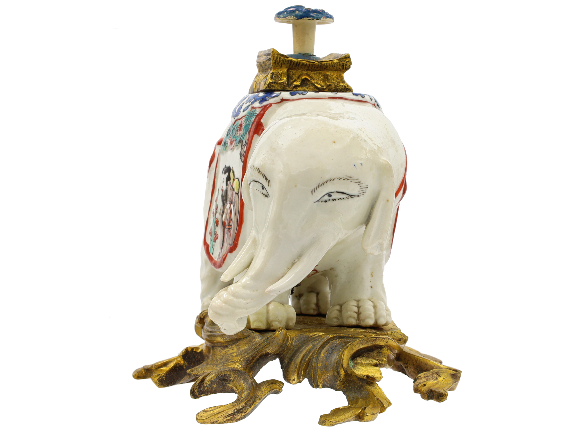 A CHANTILLY PORCELAIN ELEPHANT-FORM PERFUME BURNER, 18TH CENTURY