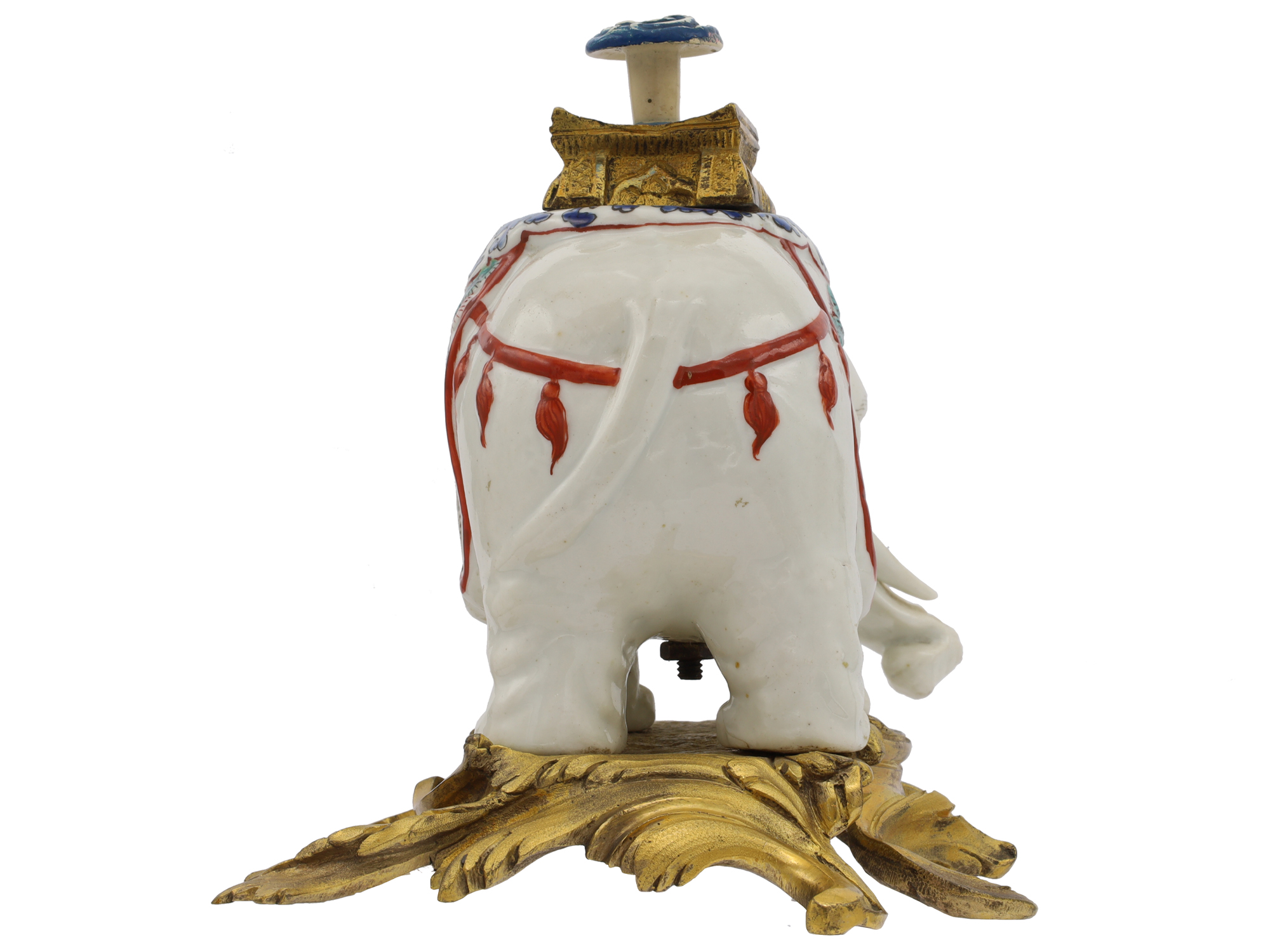 A CHANTILLY PORCELAIN ELEPHANT-FORM PERFUME BURNER, 18TH CENTURY