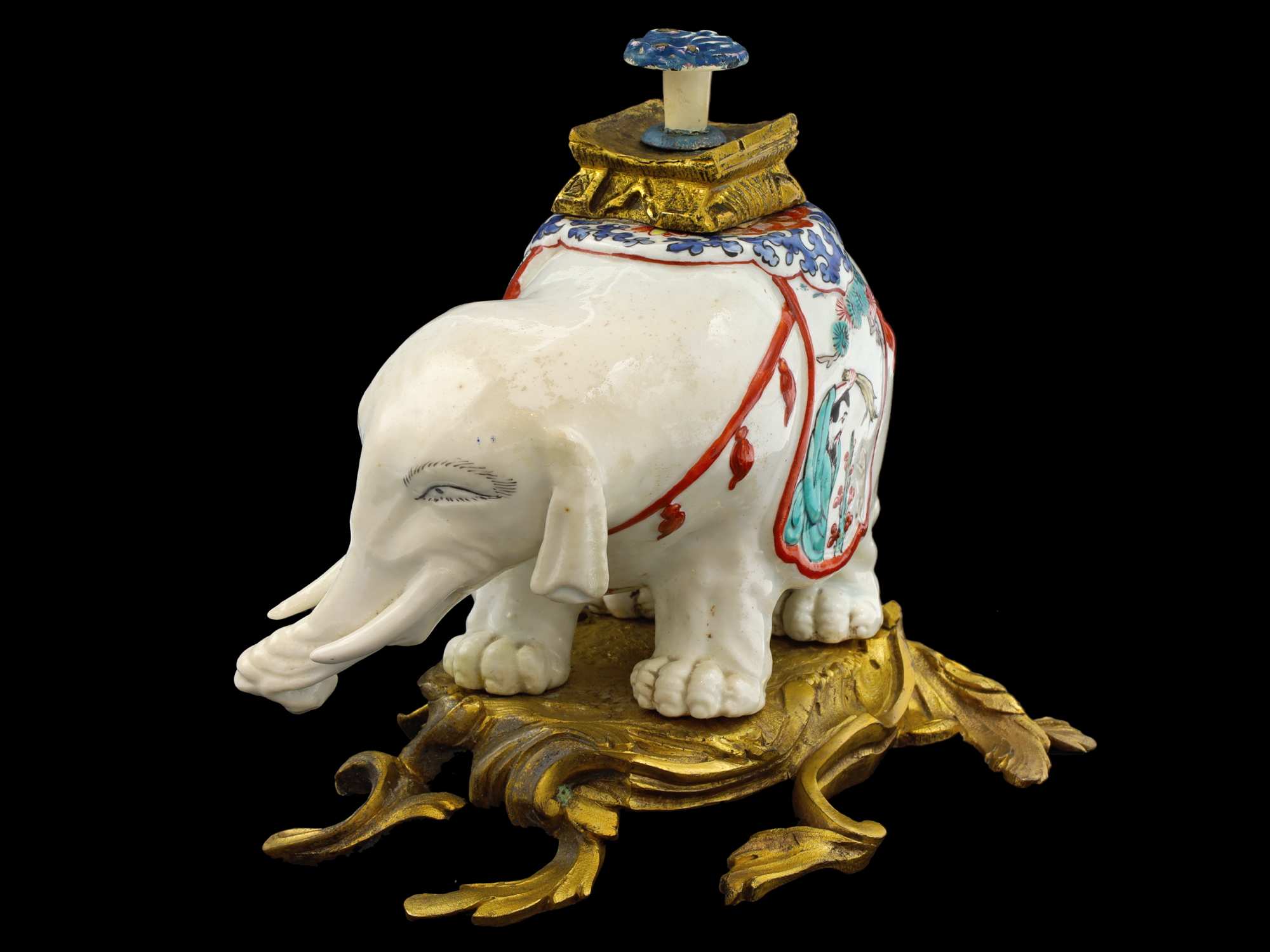 A CHANTILLY PORCELAIN ELEPHANT-FORM PERFUME BURNER, 18TH CENTURY