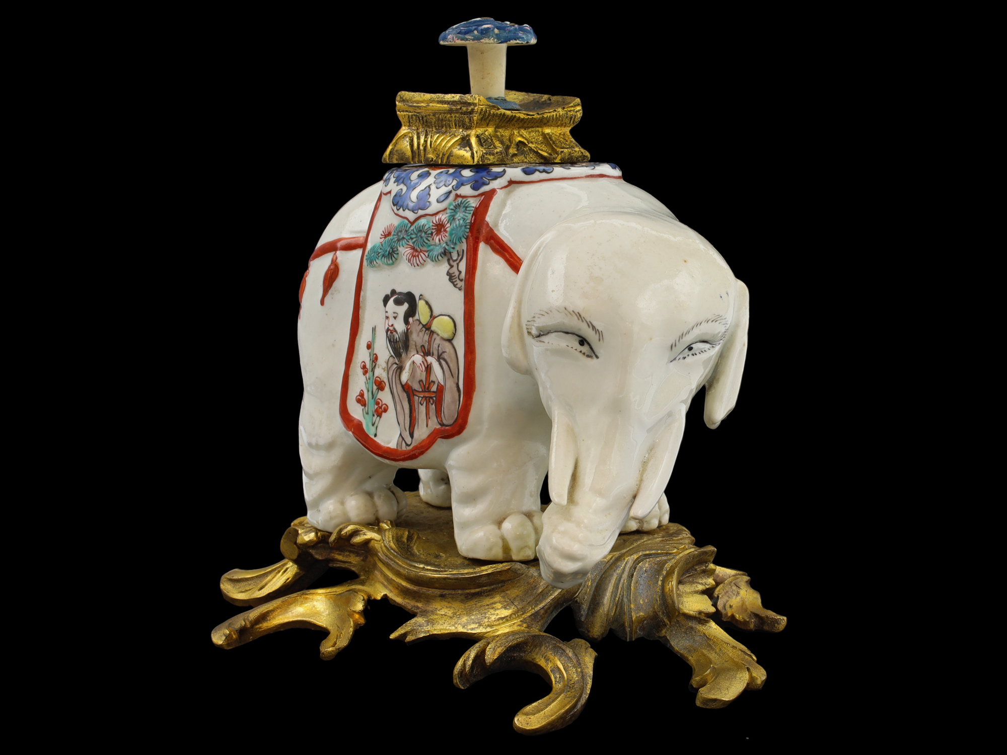 A CHANTILLY PORCELAIN ELEPHANT-FORM PERFUME BURNER, 18TH CENTURY