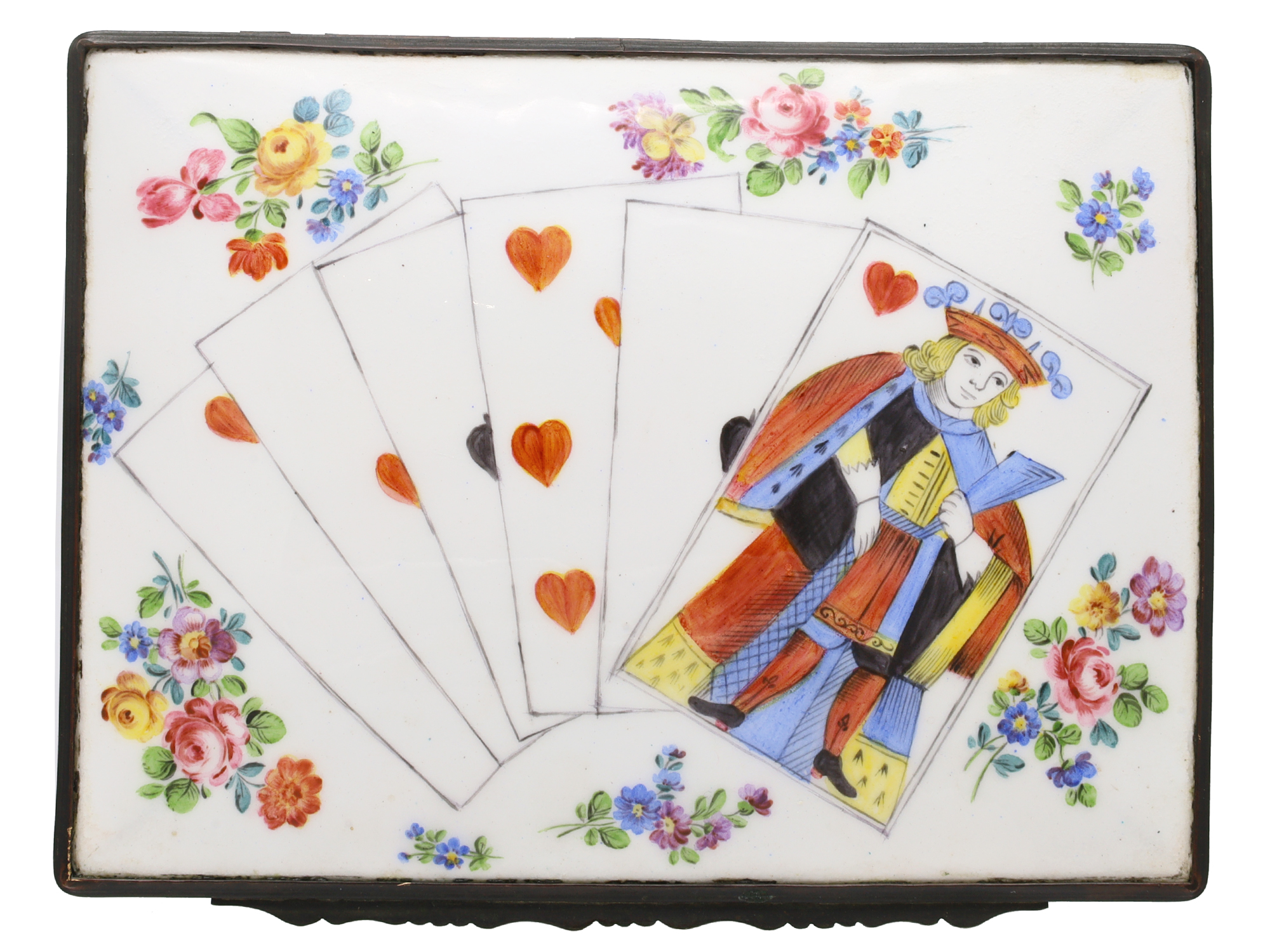 AN ENGLISH ENAMEL ON COPPER PLAYING-CARD BOX, 18TH CENTURY