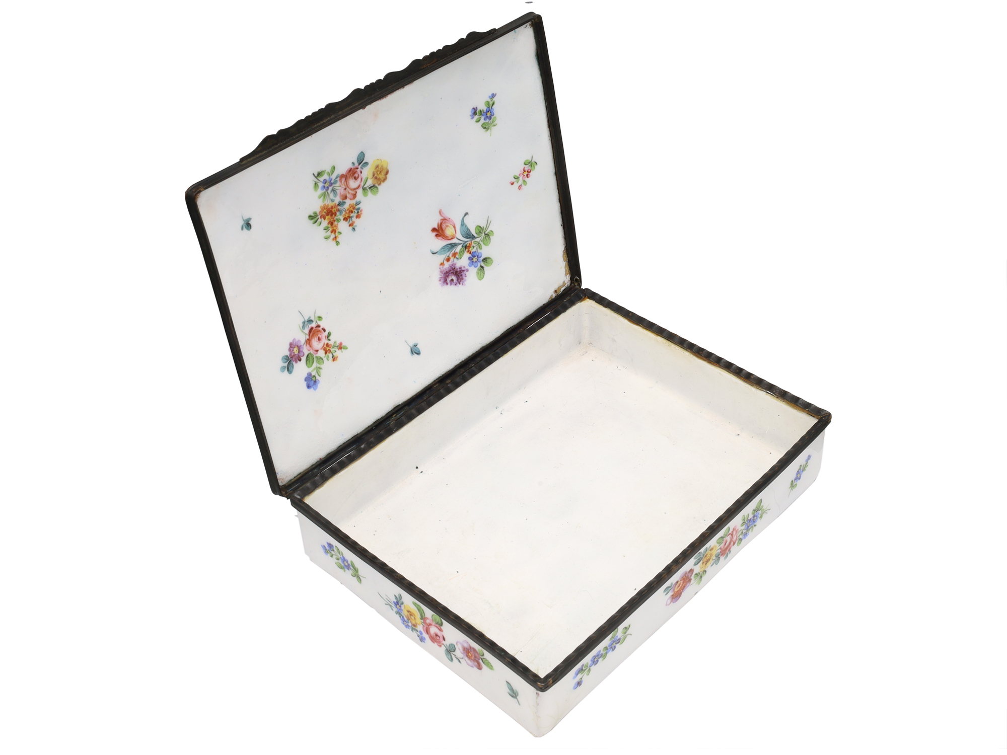 AN ENGLISH ENAMEL ON COPPER PLAYING-CARD BOX, 18TH CENTURY