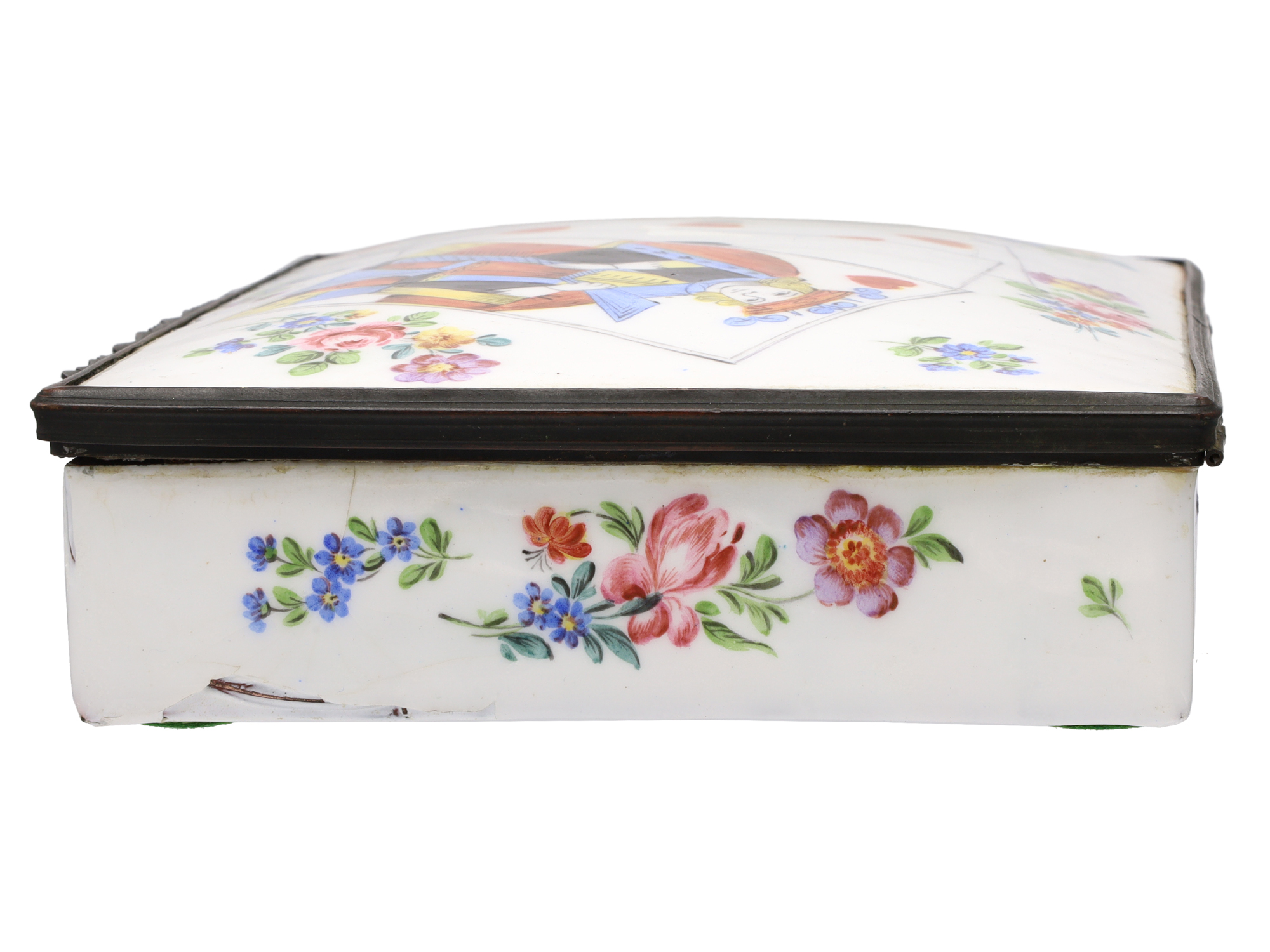 AN ENGLISH ENAMEL ON COPPER PLAYING-CARD BOX, 18TH CENTURY